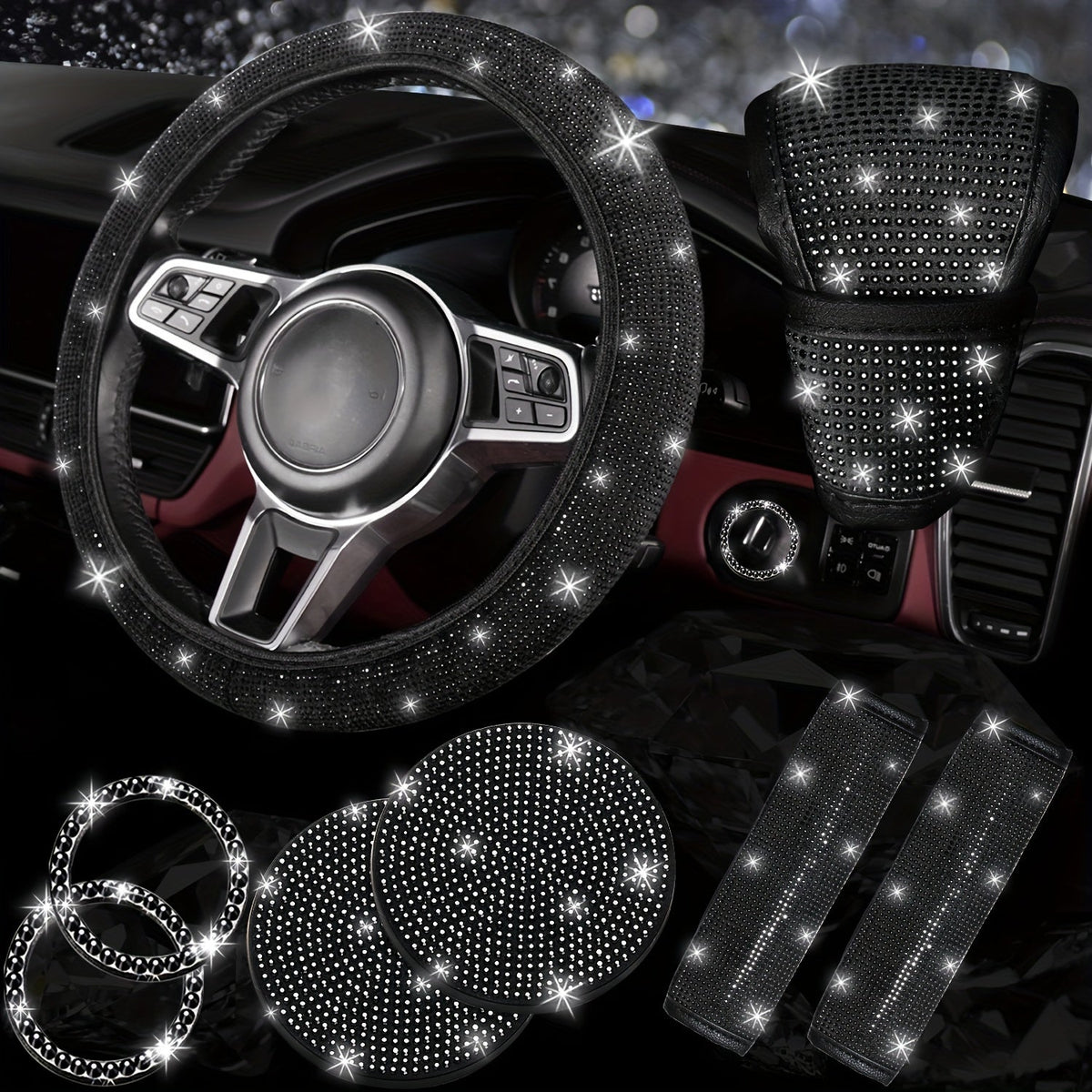 8pc Rhinestone Bling Car Accessories Set for Women – Steering Wheel Cover, Coasters, Seatbelt Pads, Starter Rings & Shift Knob Cover, 7 Colors, Sparkly Glitter Interior Kit