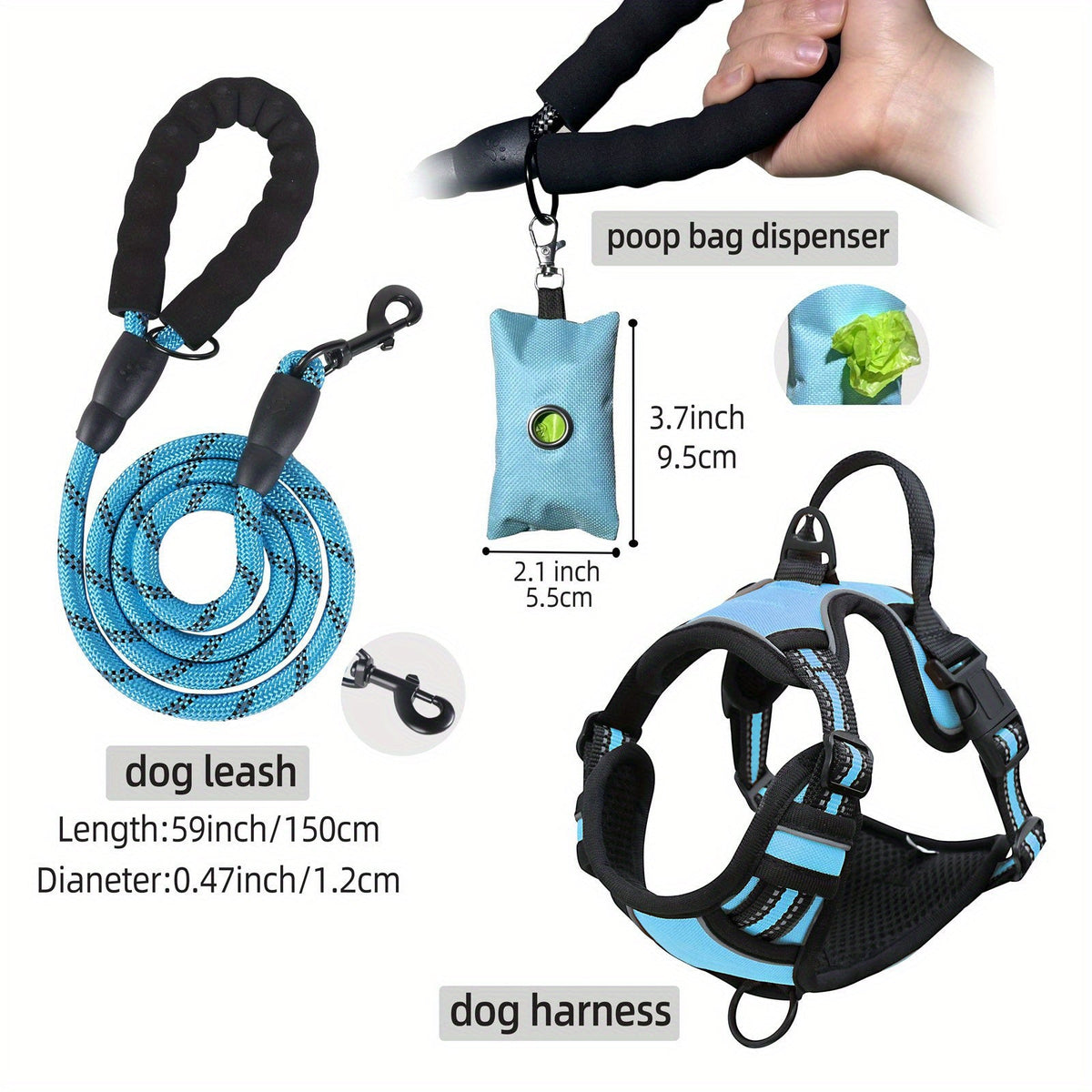 Dog Harness Leash and Poop Bag Dispenser Set 3-Piece Escape-Proof Adjustable Breathable Vest Harness for Medium Large Dogs with Reflective Strips – No-Pull Padded Dog Walking Kit with Waste Bag Holder