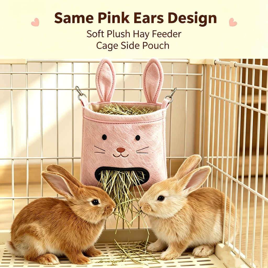 Rabbit-Shaped Hay Feeding Bag for Cage, Soft Plush Hanging Hay Bag with Metal Hook for Rabbits & Guinea Pigs, Anti-Spillage Feeding Opening Small Pet Hay Rack, Cute Cage-Side Hay Feeder Accessory