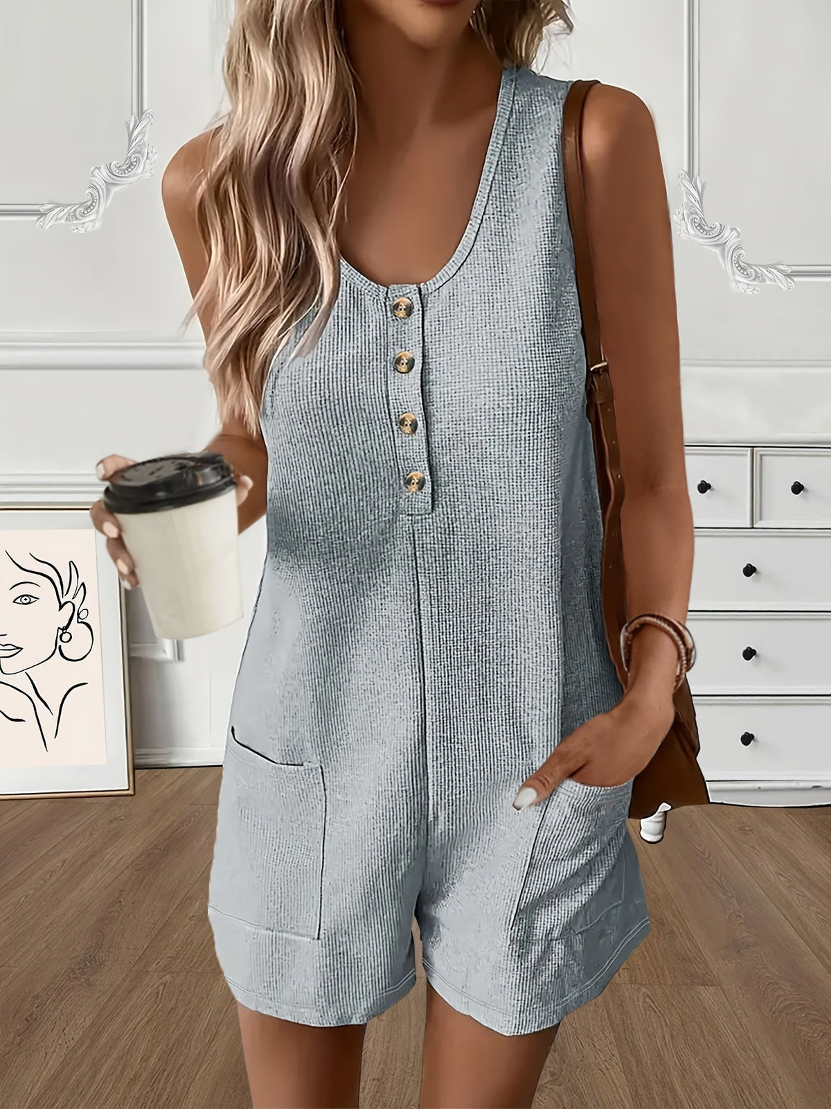 Women's Casual Jumpsuit Button Front Romper With Pockets - Sleeveless V-Neck Solid Color One Piece Playsuit for Summer | Sizes S-XL | Navy Pink Burgundy