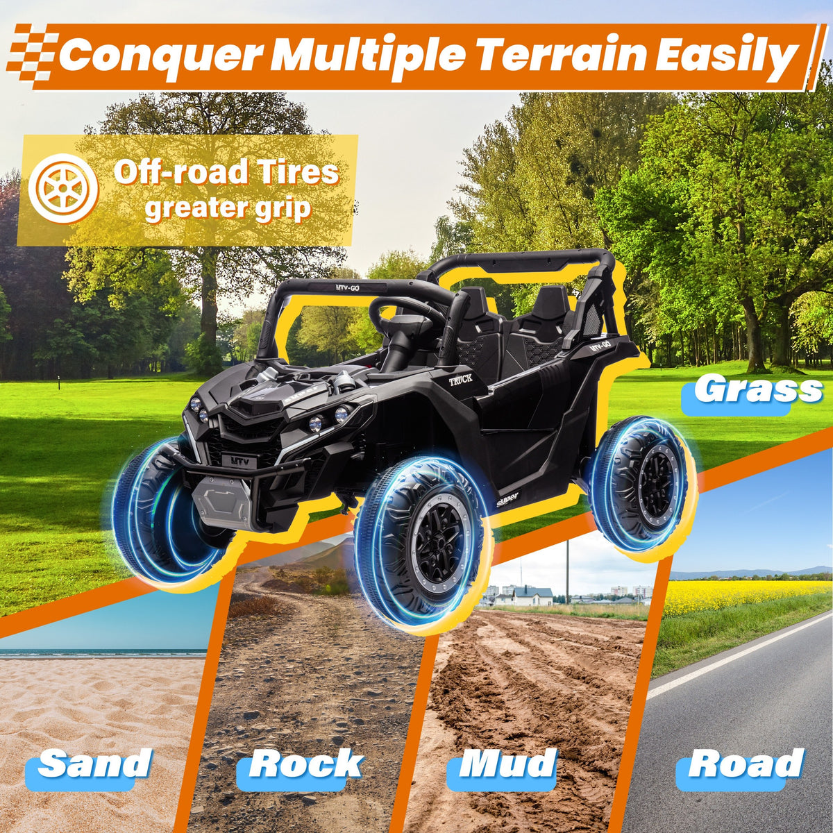 24V 2-Seater Kids Ride-On UTV with Parent Remote Control – 4WD Electric Off-Road Vehicle with 3 Speeds, LED Lights, Bluetooth Music & Suspension for Boys & Girls Ages 3-8