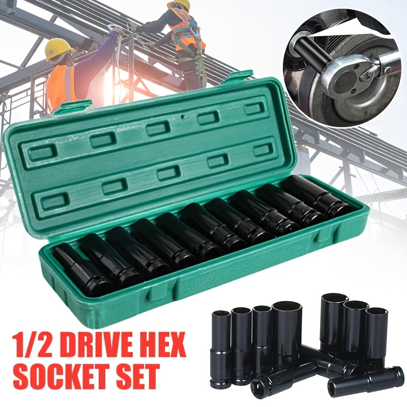1/2" Drive Metric Deep Impact Socket Set – Chrome Vanadium Steel 8mm-32mm, Extended Hex Socket for Electric Wrench & Automotive Repair, 10-Pack or 20-Pack