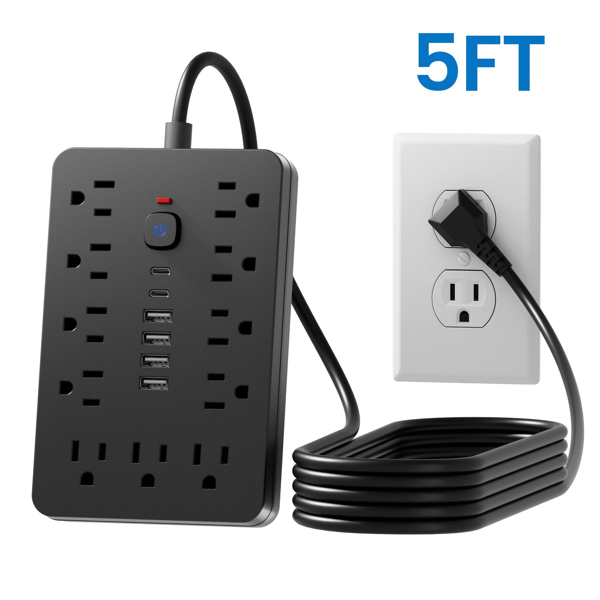 Surge Protector Power Strip 11 AC Outlets | 4 USB-A & 2 USB-C Ports, Overload Protection, Short/5FT/10FT Extension Cord – Multi-Outlet Power Socket for Home, Office, Desk & School – White & Black