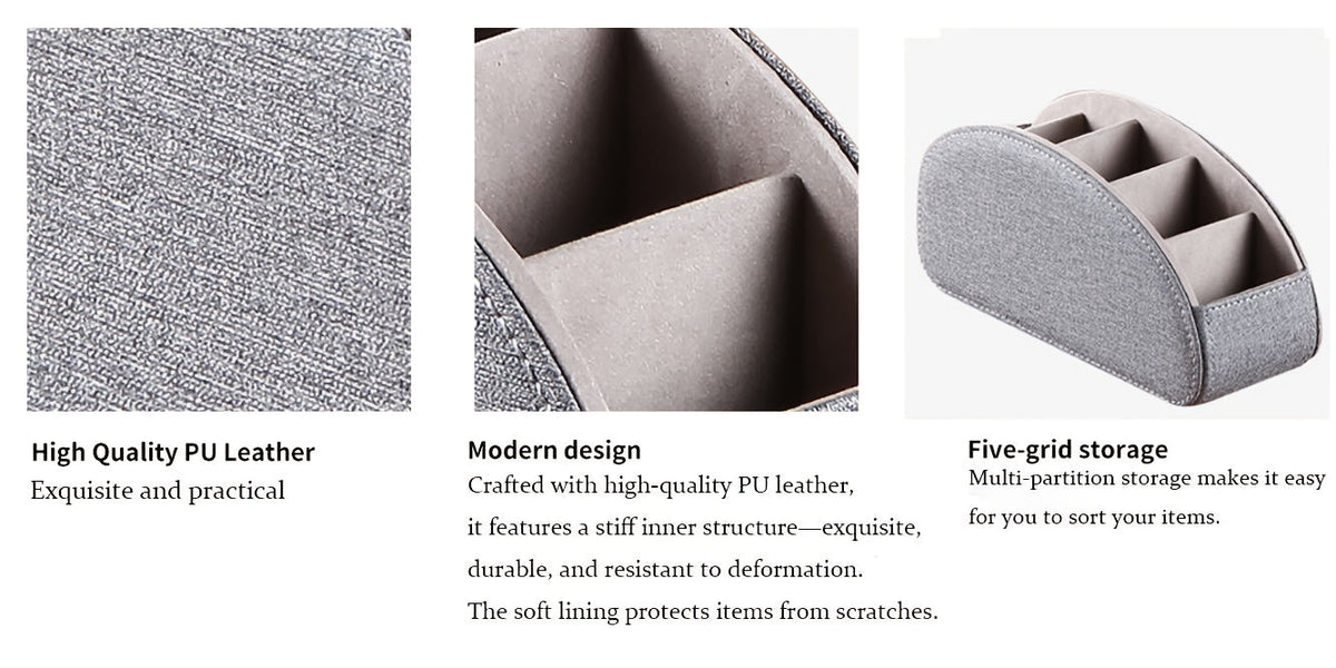 Remote Control Holder with 5 Compartments, Faux Leather Desktop Organizer Caddy for Living Room, Holds TV Remotes Pens Eyeglasses Makeup Brushes Office Stationery, Home Decor Storage Box Accessory