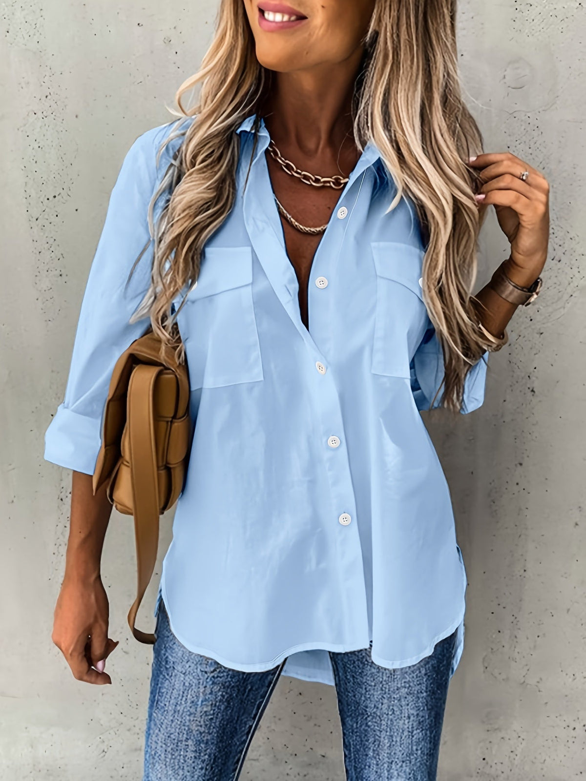 Women's Solid Color Button-Front Long Sleeve Shirt – Collared Woven Stretch Blouse for Office Business Casual Everyday Wear