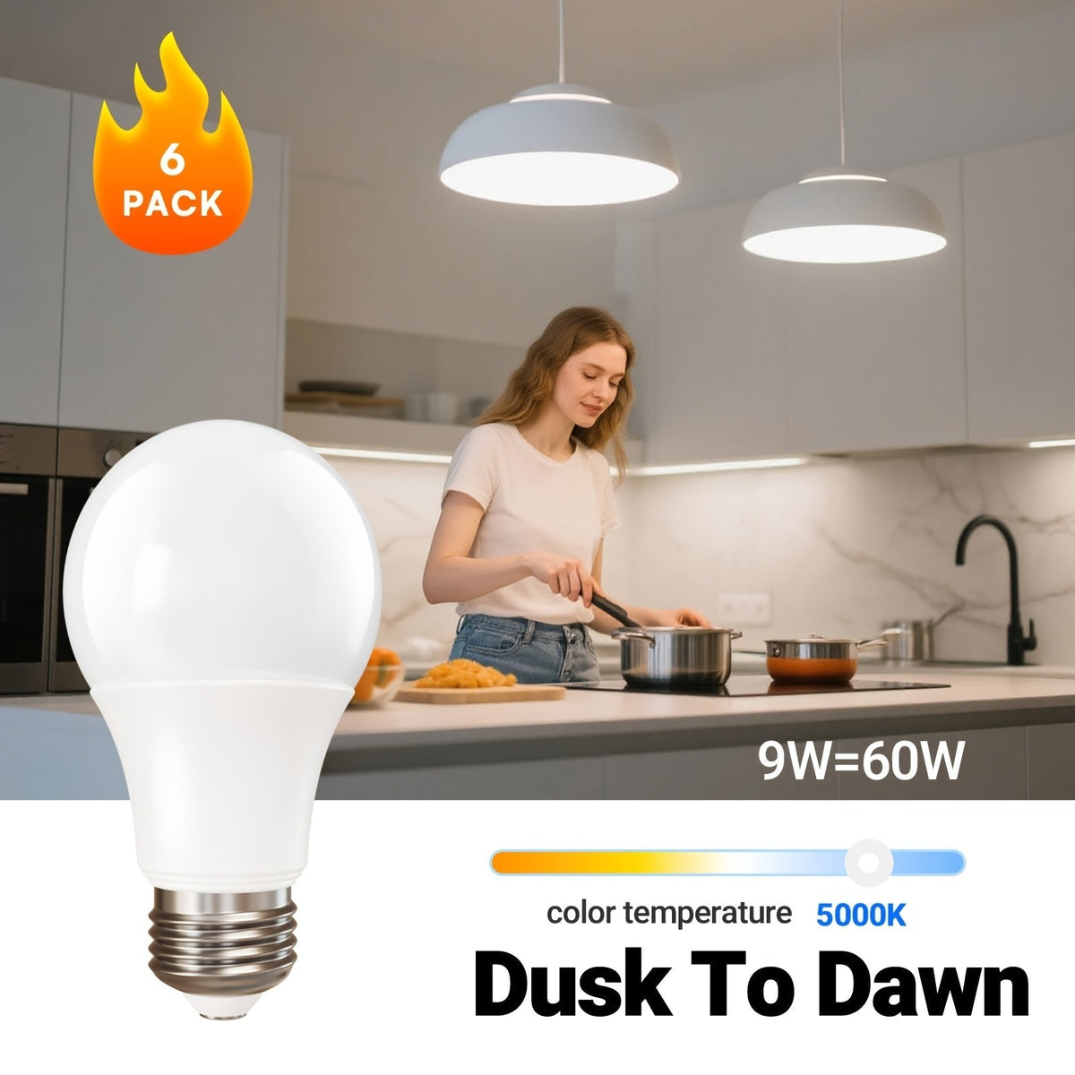 Dusk to Dawn LED Bulbs 6 & 12 Pack – 9W 60W Equivalent E26 Base, Auto On/Off Light Sensor, 5000K Daylight & 2700K Warm White, Energy Saving Indoor Outdoor Lighting
