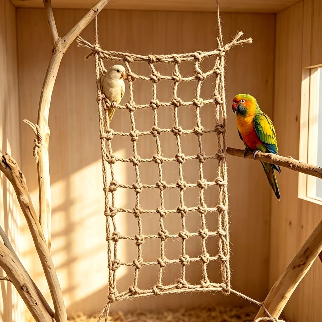 Bird Climbing Net 2-Pack - Hemp Rope Mesh Ladder for Bird Cages, Bite-Resistant Perch Climbing Toy for Parakeets, Parrots & Small Birds, 7.87 x 11.81 Inch Each