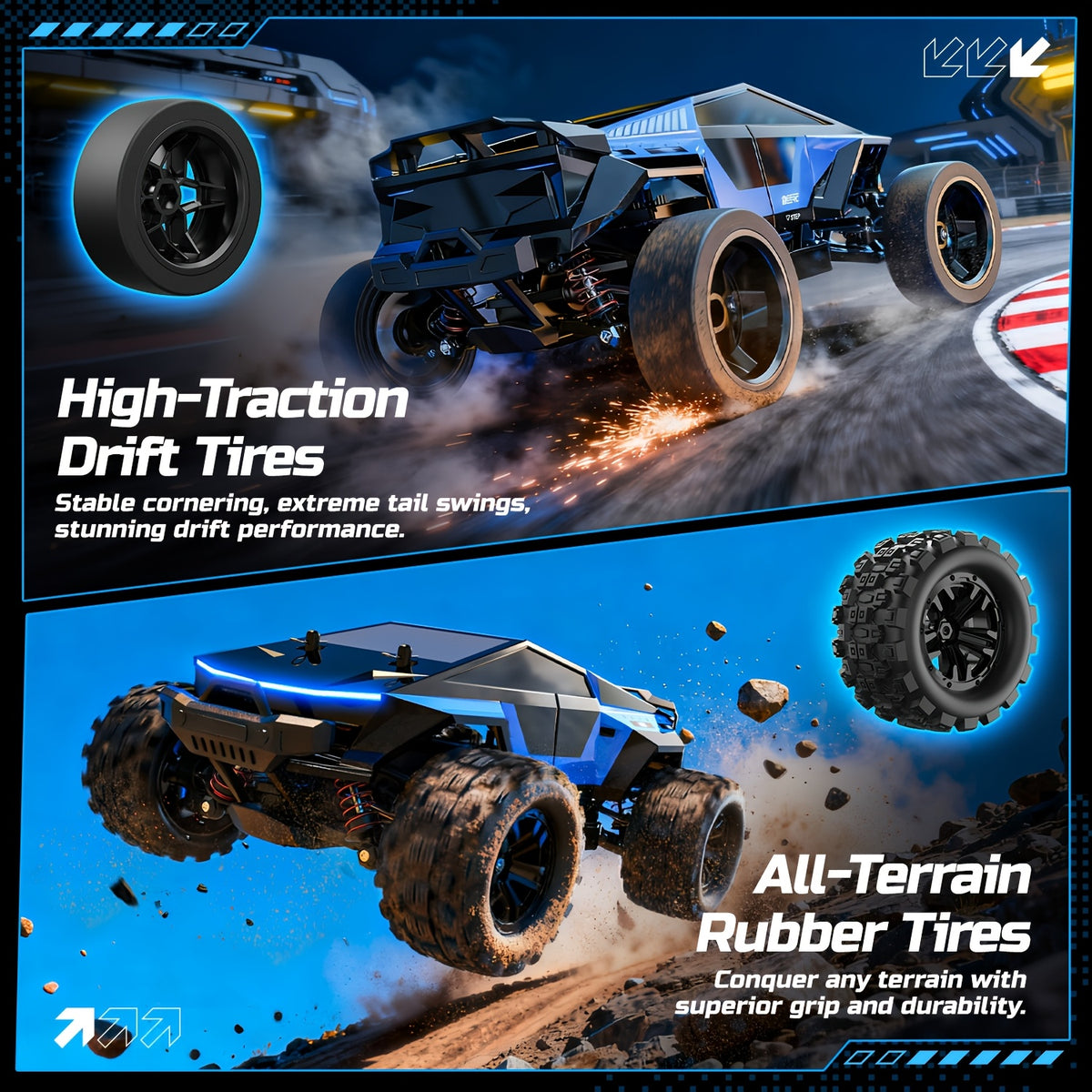 DEERC 1/18 Scale High Speed Drift RC Car 42KM/H All-Terrain Remote Control Truck – Metal Dog Bones, Dual Tires (Drift + Off-Road), 2.4GHz, 2 x 1500mAh Batteries, 380 Brushed Motor for Collectors & Hobbyists