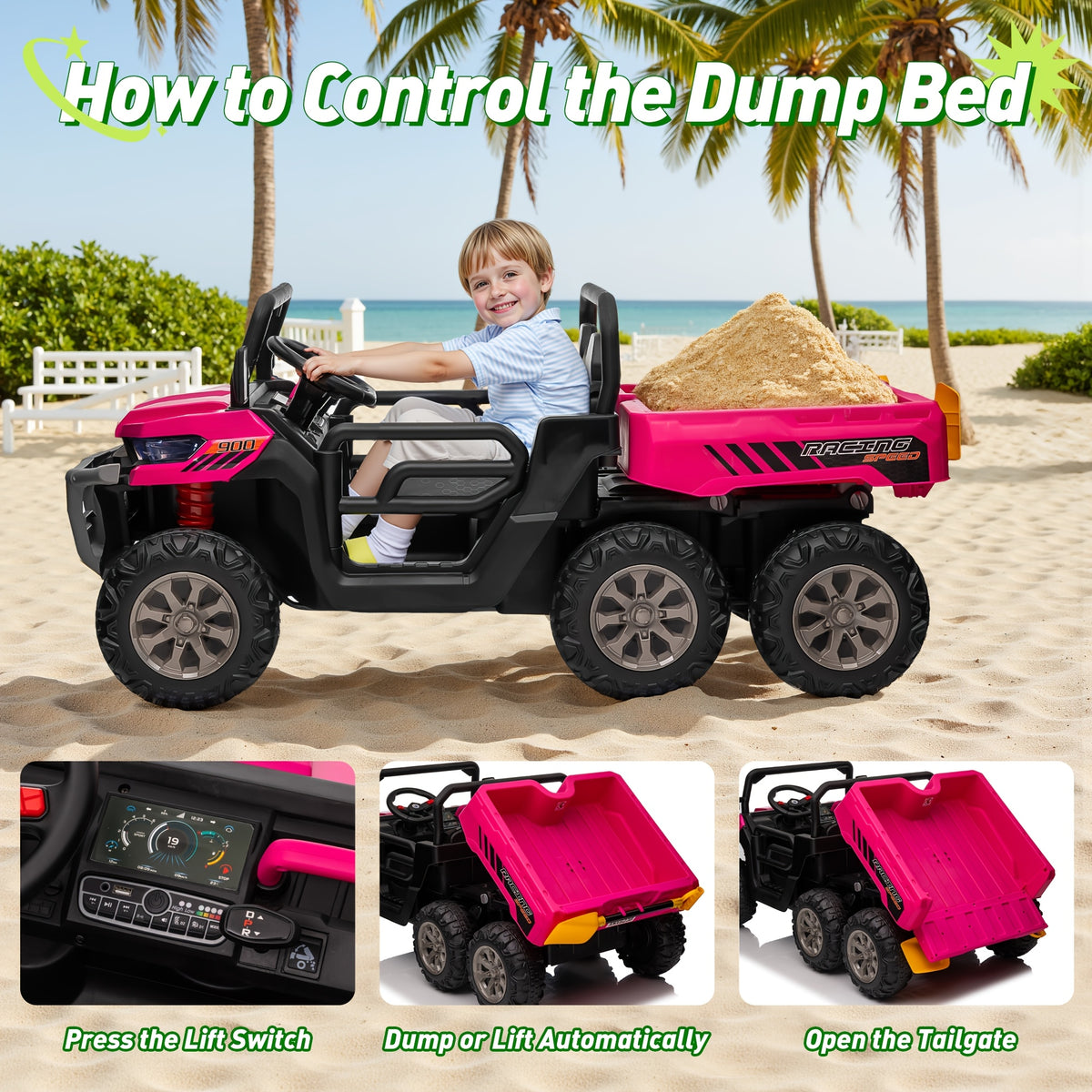 24V Kids Ride-On UTV with Remote Control, Dual Drive Mode, 3 Speed Settings, Bluetooth Music, 4 LED Lights, Suspension System & Flower Décor – Outdoor Ride-On Car for Boys & Girls Ages 3+ – Red Green Pink