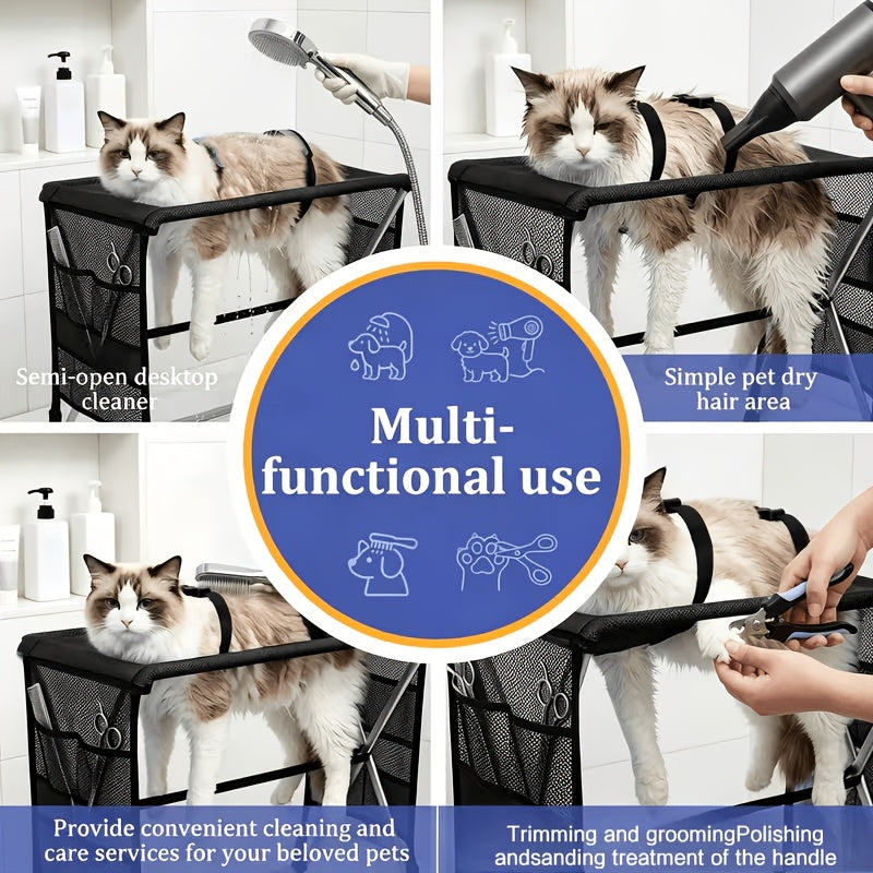 Foldable Pet Grooming Table for Small Dogs & Cats – Stainless Steel Frame, Non-Slip Surface, Storage Bag, 30 lb Capacity, Nail Trimming & Bathing Station, Black