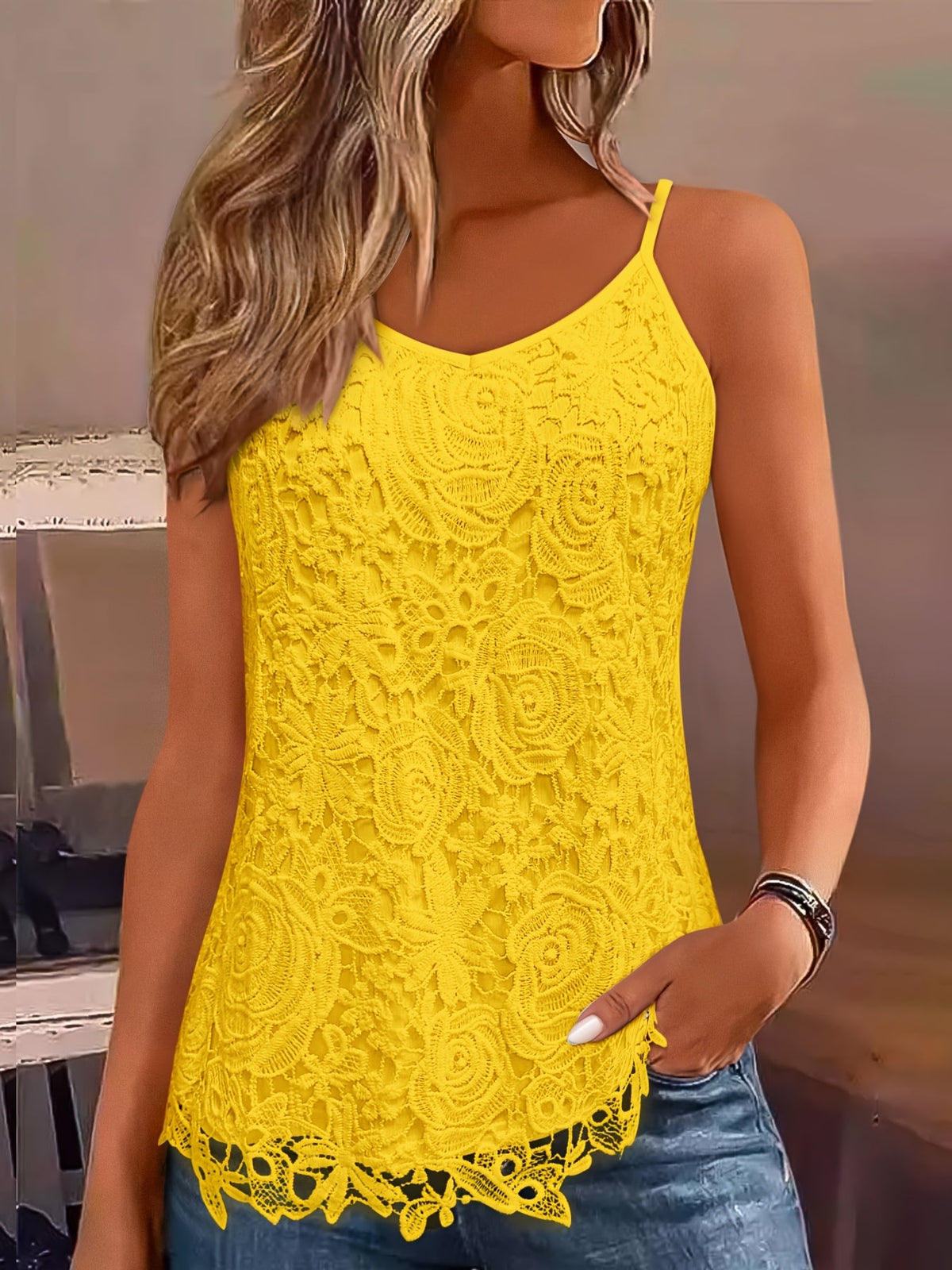 Women's V-Neck Lace Patchwork Camisole Top - Sleeveless Knit Tank Top in 8 Colors S-XXL, Elegant Summer Outfit