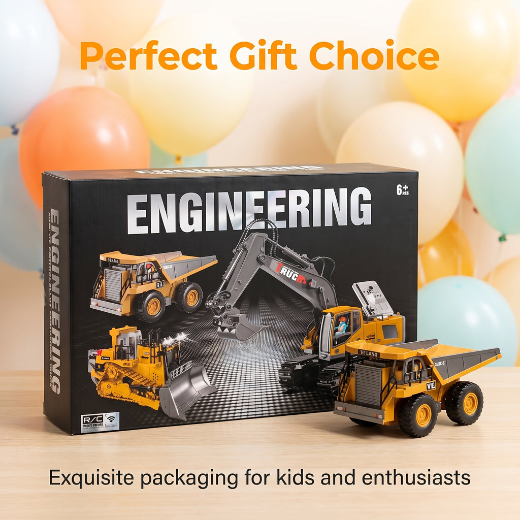 4-in-1 RC Construction Vehicle Gift Set - 2.4G 11-Channel Remote Control Excavator, Dump Truck & Bulldozer, Alloy & Plastic Engineering Toy Cars for Kids, Boys & Beginners