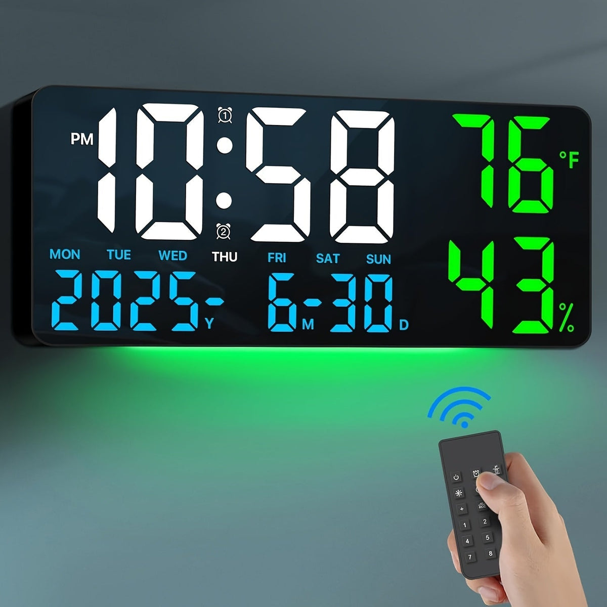 Large Screen LED Alarm Clock with Auto-Dimming Remote Control – 15 Inch Digital Clock Displays Time, Date, Week, Temperature & Humidity – Bedroom Bedside Clock for Seniors, Living Room, Office Desk