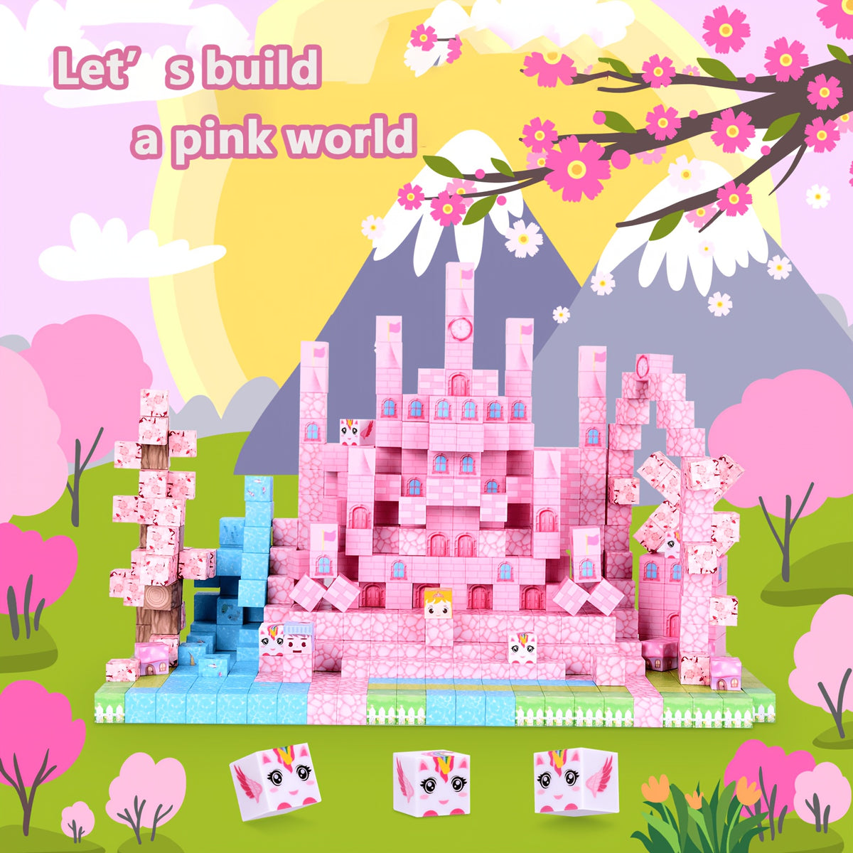 Magnetic Building Blocks 100 Pcs Sakura Snow Castle Kids STEM DIY Construction Toy Creative Educational Magnet Tiles for Children Ages 3+ Birthday Christmas Gift Set Boys Girls Toddlers