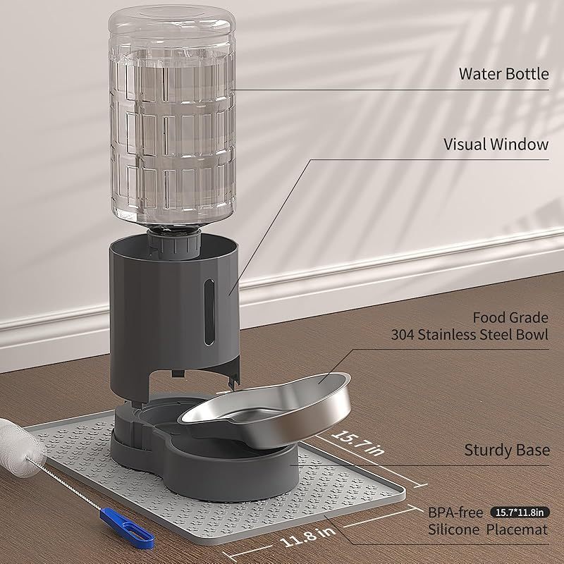 4L Gravity Cat Water Dispenser with Stainless Steel Bowl and Placemat - Automatic Large Capacity Pet Water Fountain for Cats Small Medium Dogs - Easy to Clean BPA-Free Safe Pet Hydration Station