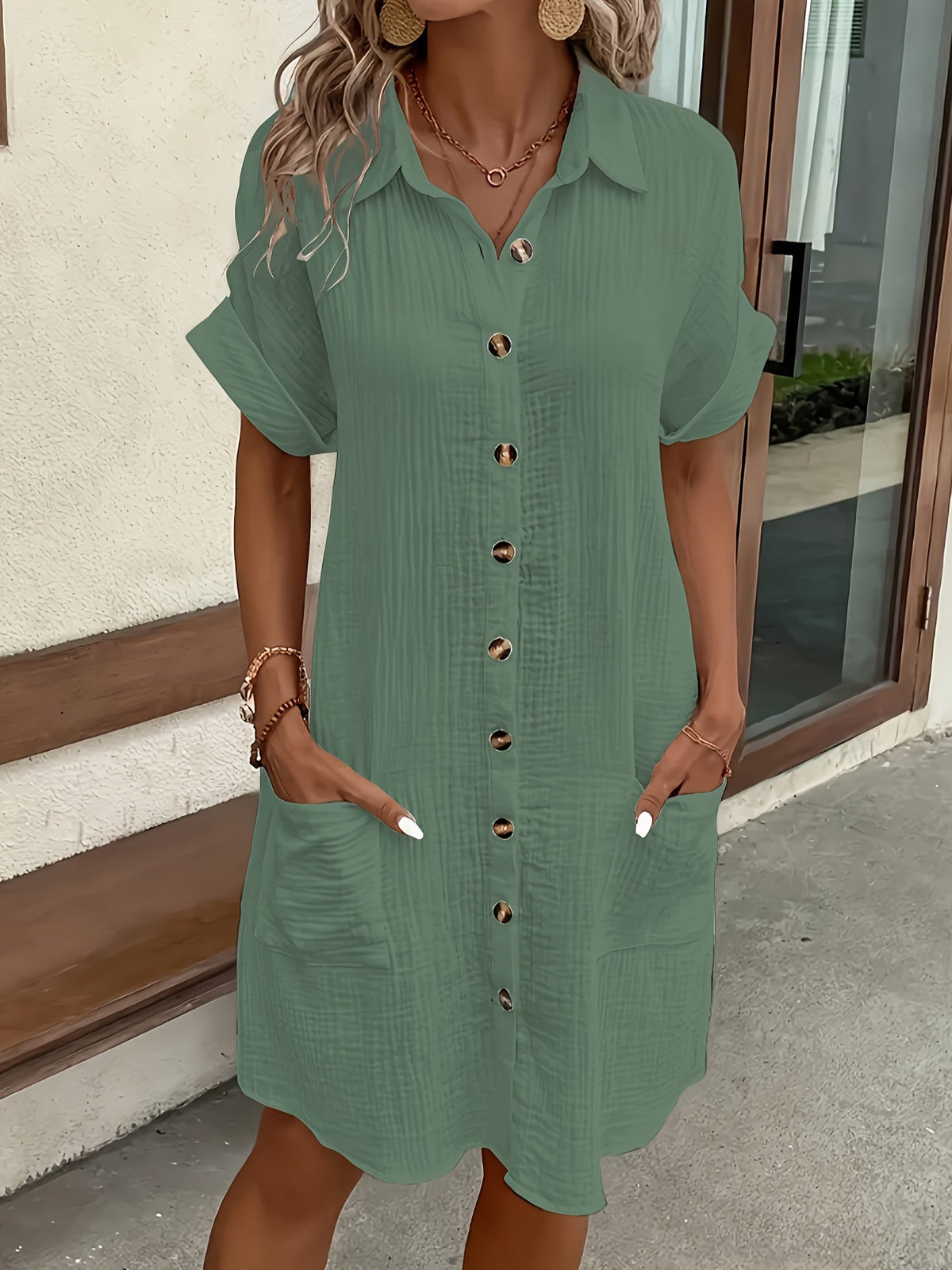 Women's Solid Color Lapel Collar Button-Down Sleeveless Shirt Dress – Breathable Knee-Length Vintage Flutter Sleeve Casual Dress for Spring Summer