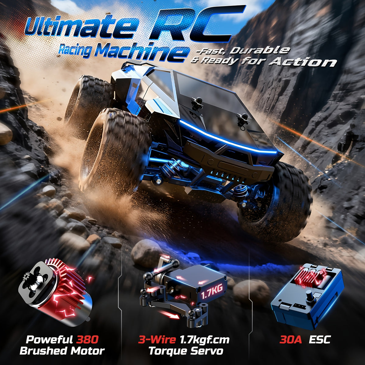 DEERC 1/18 Scale High Speed Drift RC Car 42KM/H All-Terrain Remote Control Truck – Metal Dog Bones, Dual Tires (Drift + Off-Road), 2.4GHz, 2 x 1500mAh Batteries, 380 Brushed Motor for Collectors & Hobbyists