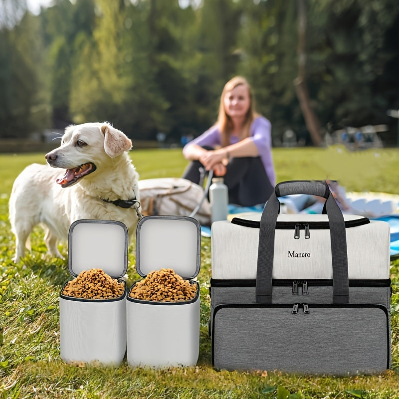 Dog Travel Bag with 2 Extra-Large Food Containers & 2 Collapsible Bowls – Dual-Layer Multi-Pocket Pet Organizer for Road Trips & Camping, Waste Bag Dispenser, Feeding Mat, All Dog Sizes, Gray