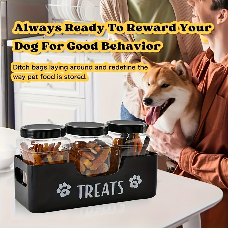 3-Piece Airtight Pet Snack Jar Set – Farmhouse Style Plastic Pet Food Storage Containers for Dog & Cat Treats, Durable Sealed Treat Jars, Black Set