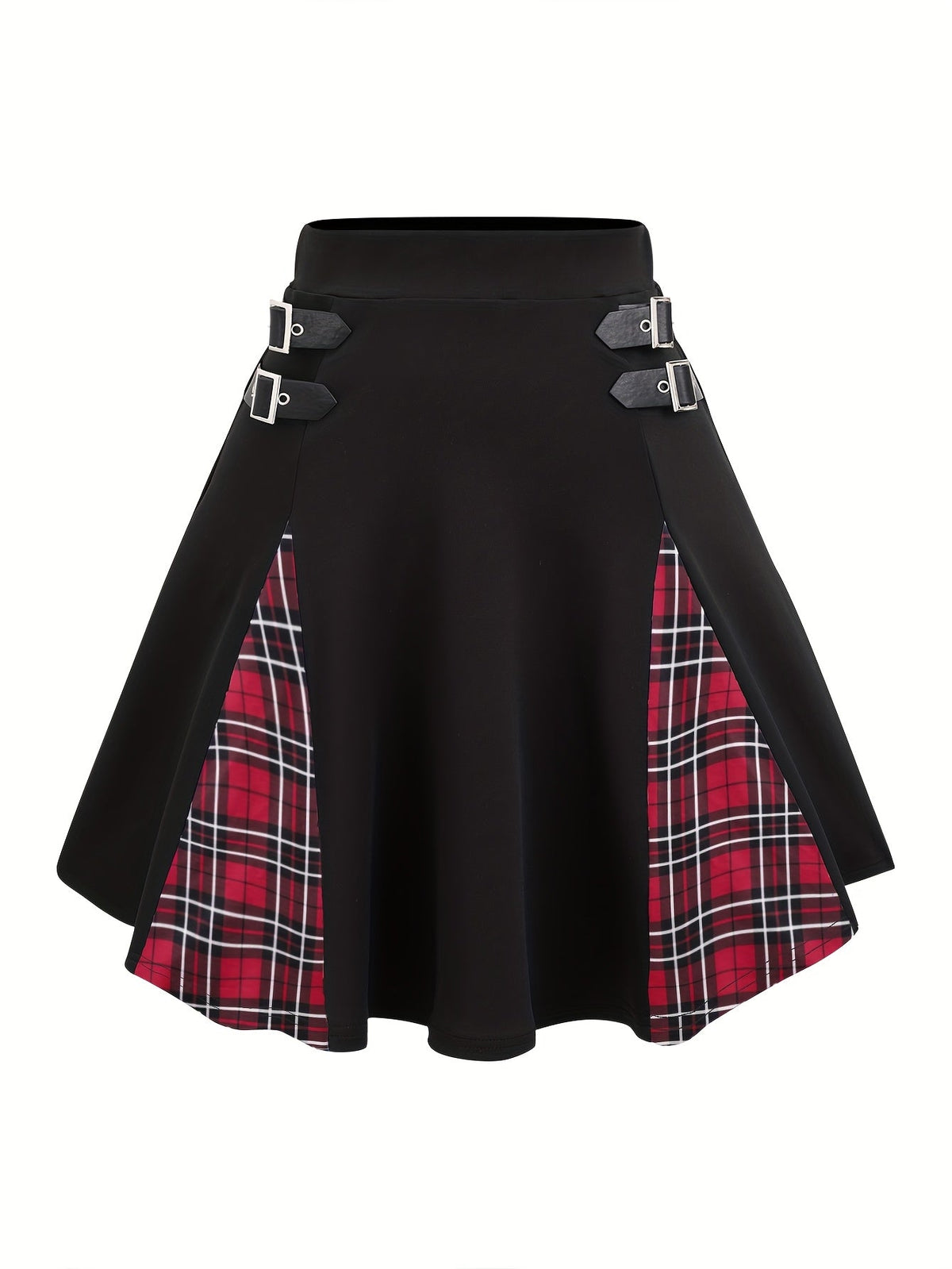 Gothic Plaid Buckle High Waisted A-Line Mini Skirt Women Y2K Gingham Color Block Knit Skirt Black Gray Red Blue Purple S M L XL XXL