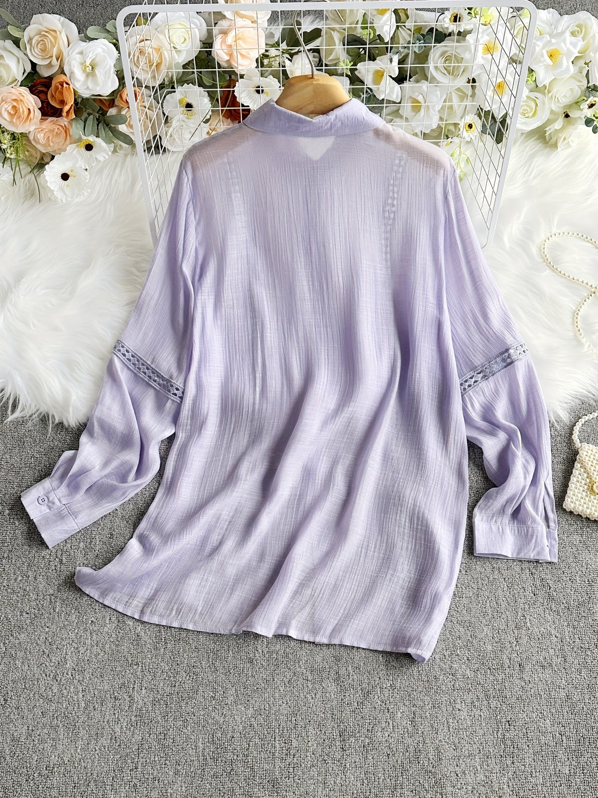 Women's Lace Patchwork Button-Up Long Sleeve Shirt Elegant Semi-Sheer Blouse White XS S M L XL XXL Vacation Date Office Fashion Top