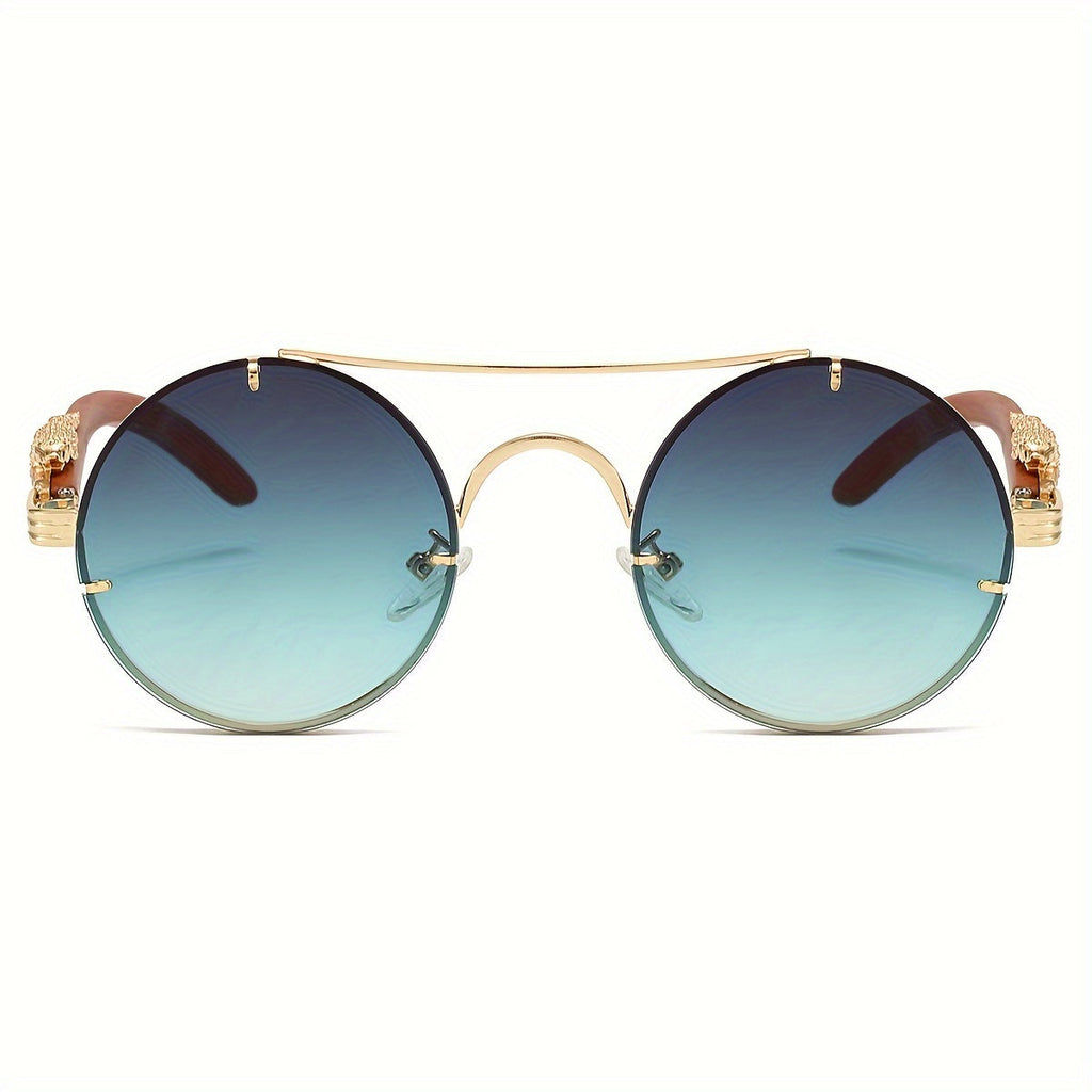 Round Metal Frame Gradient Sunglasses for Men & Women – Luxury Double Bridge, Leopard Detail Hinges, Gradient PC Lenses, Includes Case, Chic Vacation & Street Style Eyewear