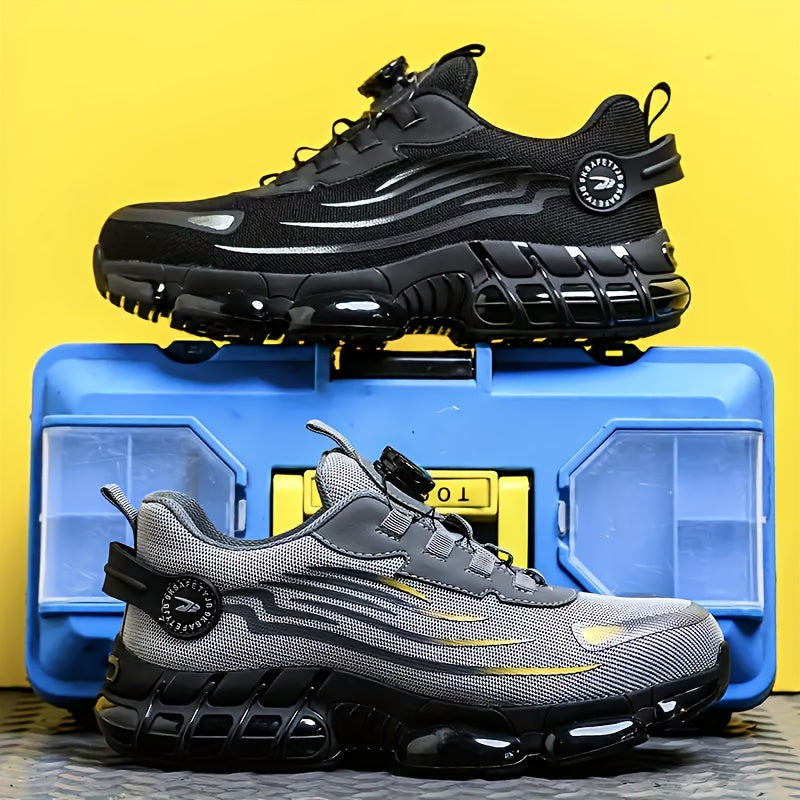 Men's Breathable Work Shoes - Durable Safety Shoes with Reflective Stripes, Lightweight Cushioned Sole for Industrial, Construction and Casual Wear, Available in Black and Grey, Sizes US 6 to 11
