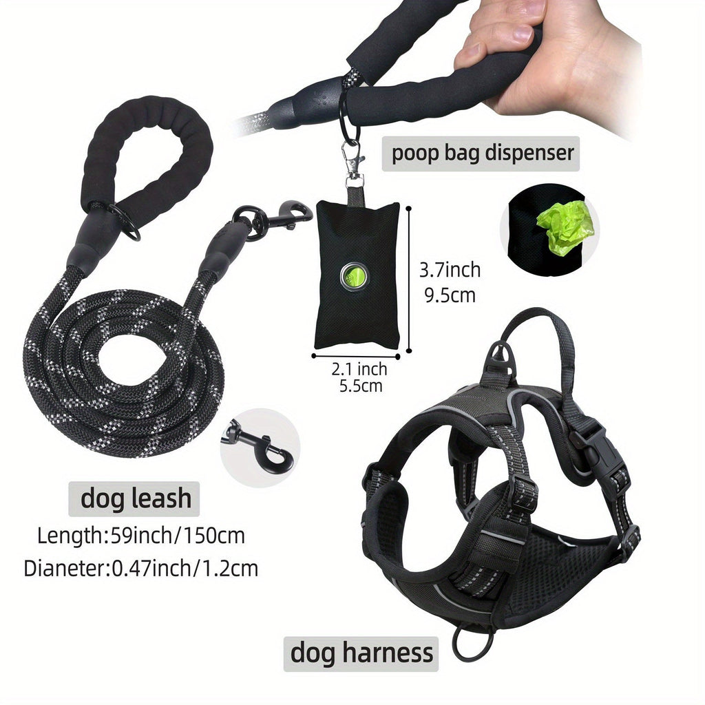 Dog Harness Leash and Poop Bag Dispenser Set 3-Piece Escape-Proof Adjustable Breathable Vest Harness for Medium Large Dogs with Reflective Strips – No-Pull Padded Dog Walking Kit with Waste Bag Holder