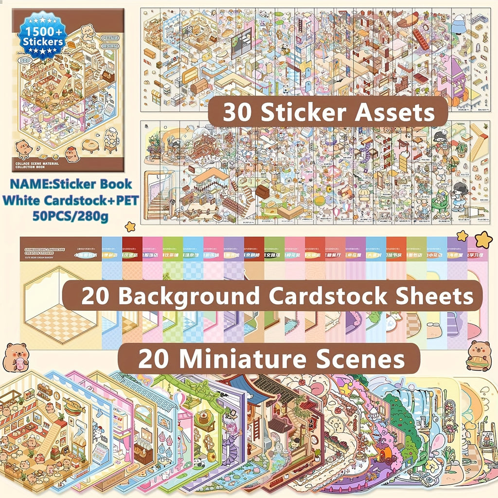 3D Scene Sticker Book for Kids 1500 Pieces - Creative Scrapbook Kit with 20 Scene Cards, 30 Material Types, Four Seasons Landscape Stickers, Educational Arts and Crafts Activity Set for Children