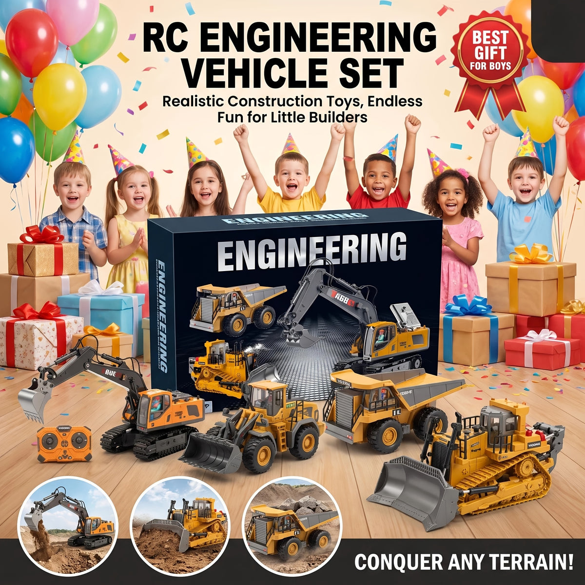 4-in-1 RC Construction Vehicle Gift Set - 2.4G 11-Channel Remote Control Excavator, Dump Truck & Bulldozer, Alloy & Plastic Engineering Toy Cars for Kids, Boys & Beginners