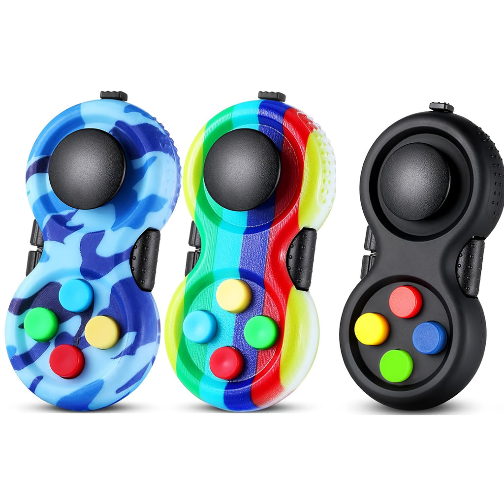 Retro Fidget Pad Controller Set of 3 - 8-in-1 Handheld Sensory Fidget Toy with Clickable Buttons, Joystick, Roller, Gears & More, Stress Relief & Focus Toy for Kids & Adults, Multiple Color Options