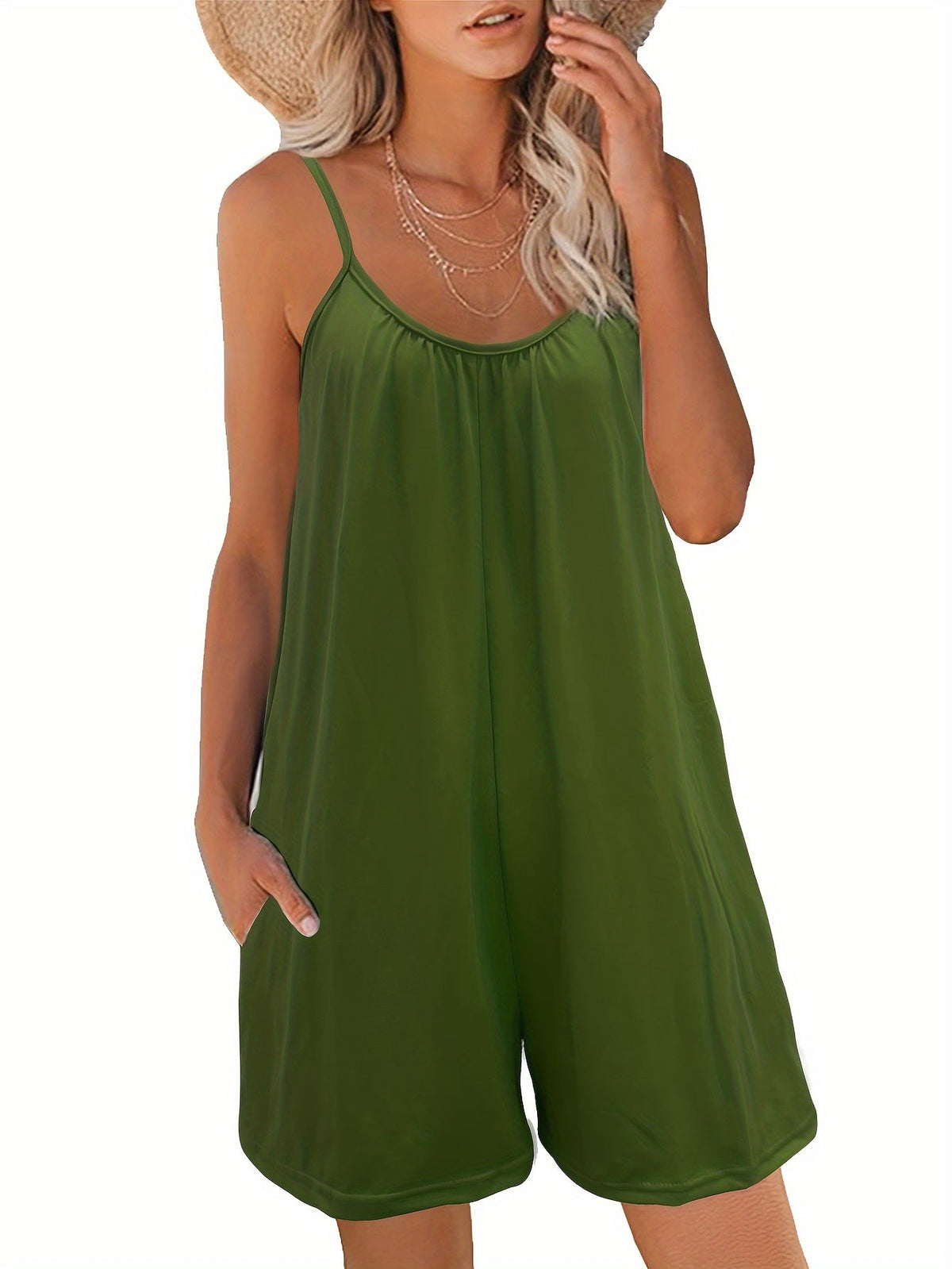 Women's Solid Color Strappy Jumpsuit Sleeveless Cami One-Piece Wide Leg Pants with Pockets Summer Casual Beach Romper