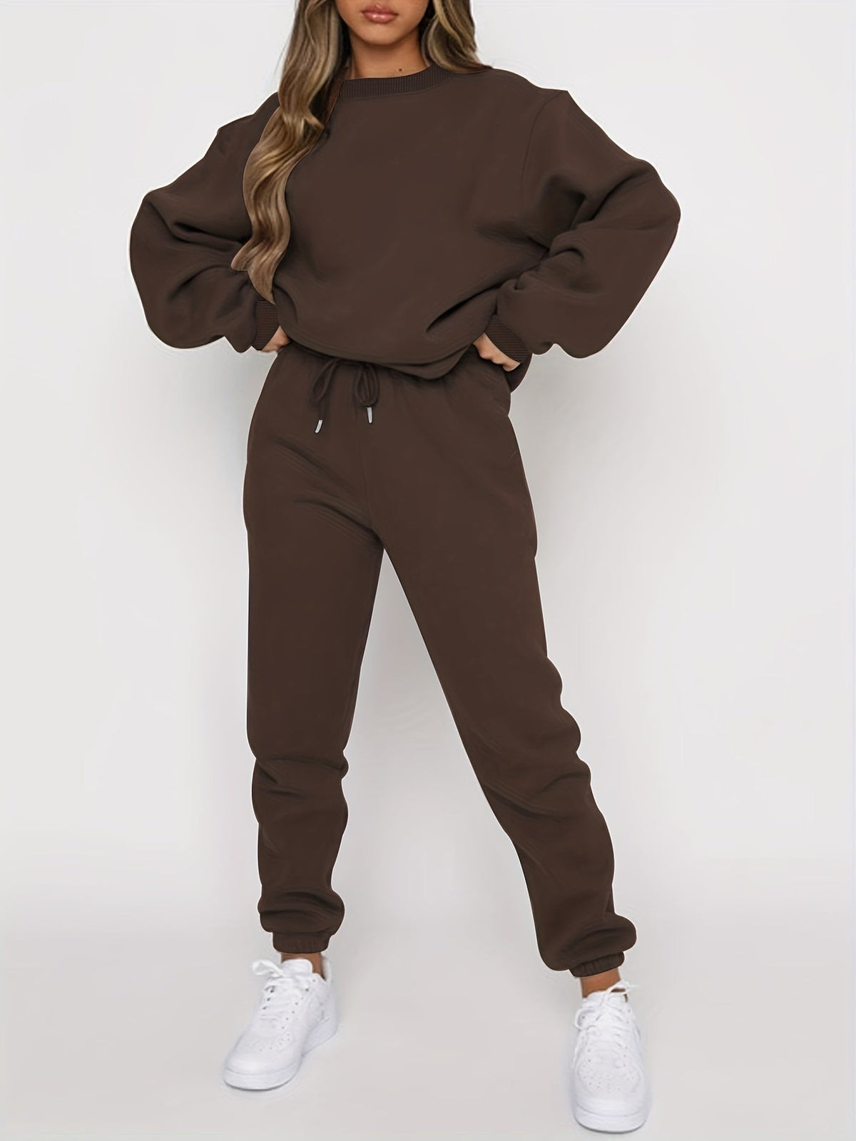 Women's 2 Piece Sweatshirt Pants Set Crew Neck Pullover Elastic Waist Drawstring Jogger Casual Lounge Suit Beige Grey Black Navy Coffee S-XXL