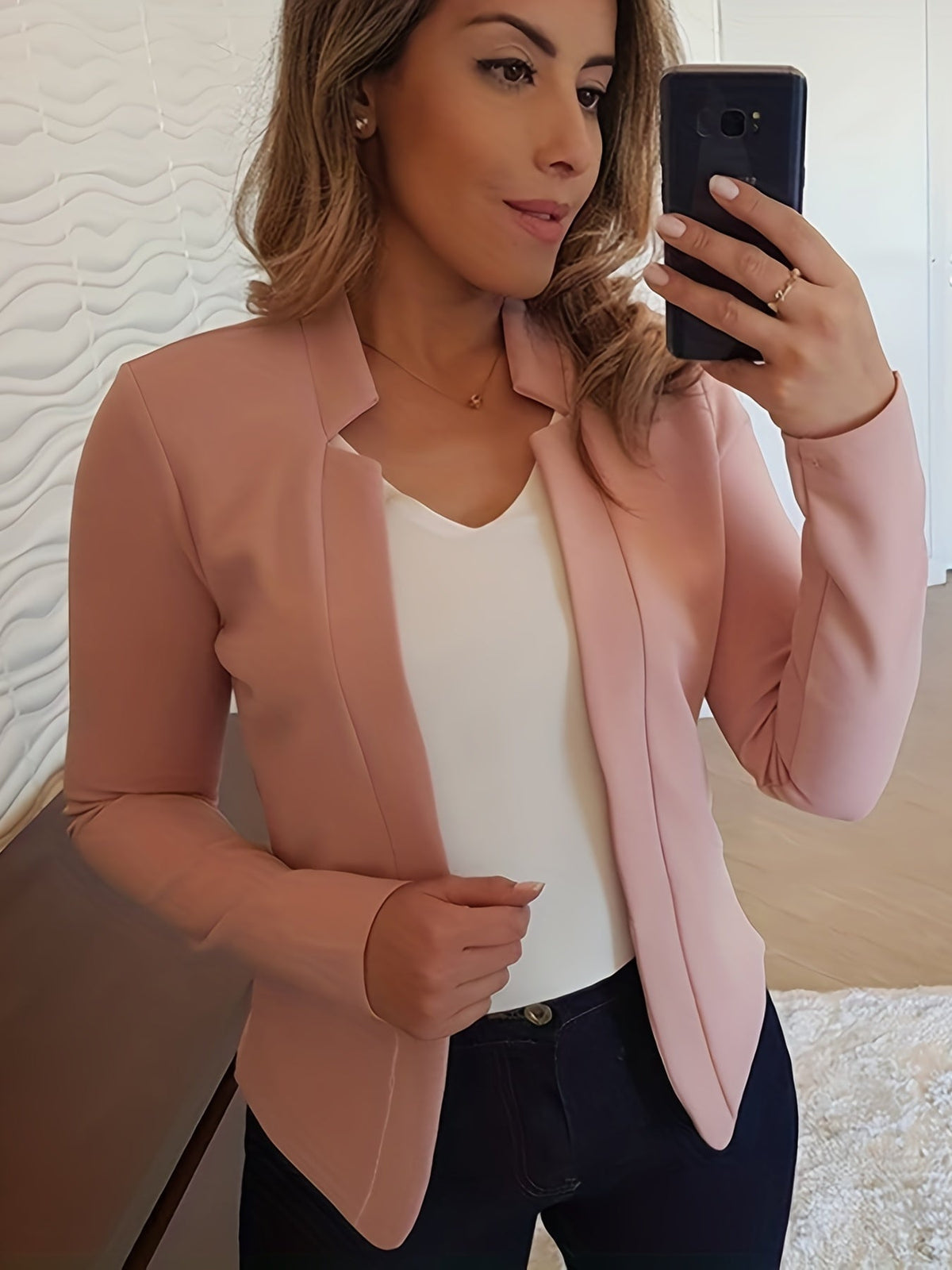 Women's Open Front Blazer Jacket – Loose Fit Notch Lapel Long Sleeve Knit Stretch Casual Chic Blazer with Chest Pocket for Work Office