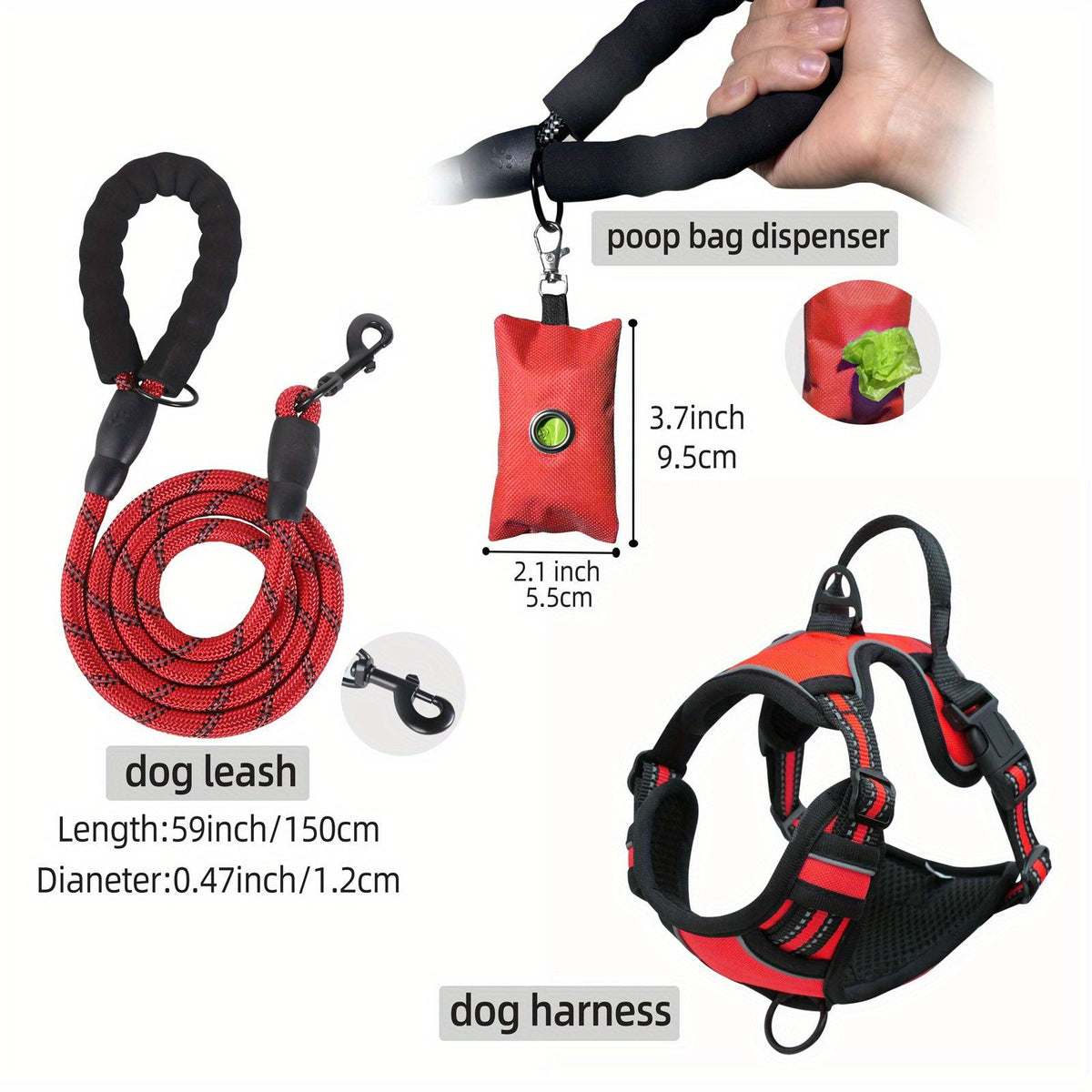 Dog Harness Leash and Poop Bag Dispenser Set 3-Piece Escape-Proof Adjustable Breathable Vest Harness for Medium Large Dogs with Reflective Strips – No-Pull Padded Dog Walking Kit with Waste Bag Holder