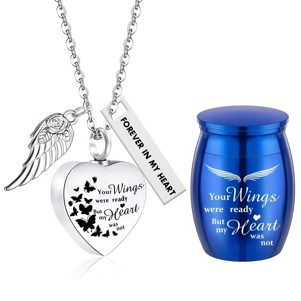 Heart Cremation Urn Necklace 2 Pack - Keepsake Jewelry for Human & Pet Ashes, Sharing Memorial Ashes Holder Pendant Set, Your Wings Were Ready But My Heart Was Not