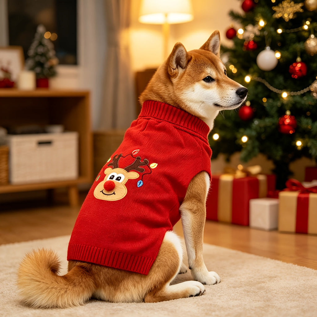 Christmas Deer Dog Sweater – Thickened Knitted Turtleneck Winter Sweater for Medium and Large Dogs, Soft Warm Festive Red Holiday Knitwear for Labrador Rottweiler Beagle, Elastic Cozy Dog Apparel