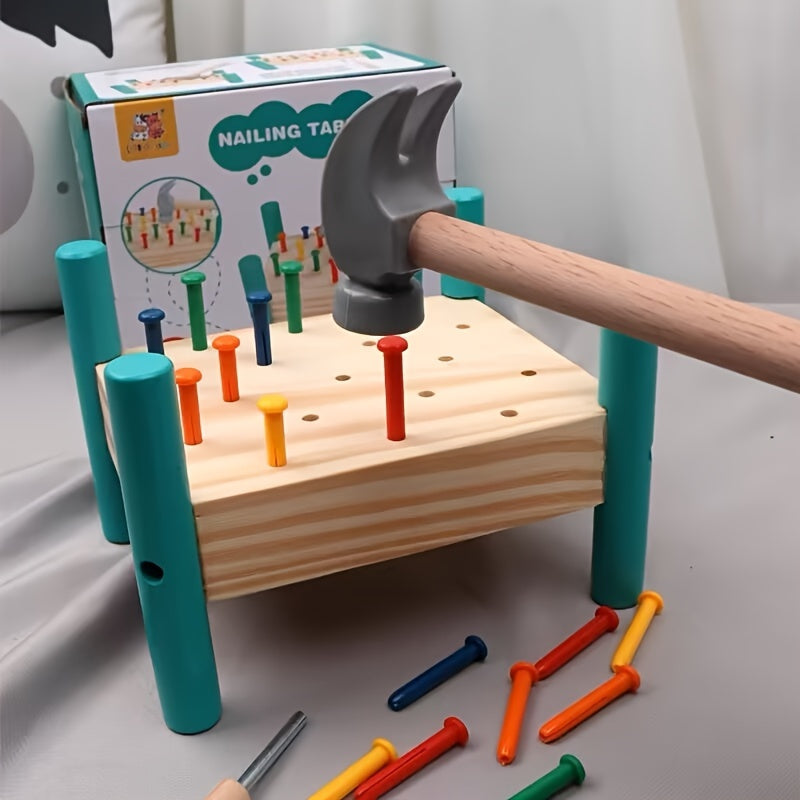 Pounding Table Toy for Toddlers Five-Color Knocking Nail Hammer Set Color Recognition Hand-Eye Coordination Parent-Child Interactive STEM Educational Toy Birthday Christmas Gift for Kids