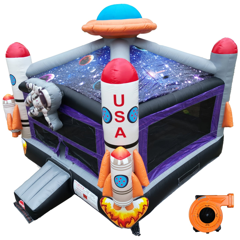 Outer Space Bounce House 16.5ft - Commercial Grade PVC Inflatable Bouncy Castle, Astronaut & Rocket Theme, Starry Sky Roof, Basketball Hoop, 360° Mesh Walls | Backyard Kids Party (With/Without Blower)