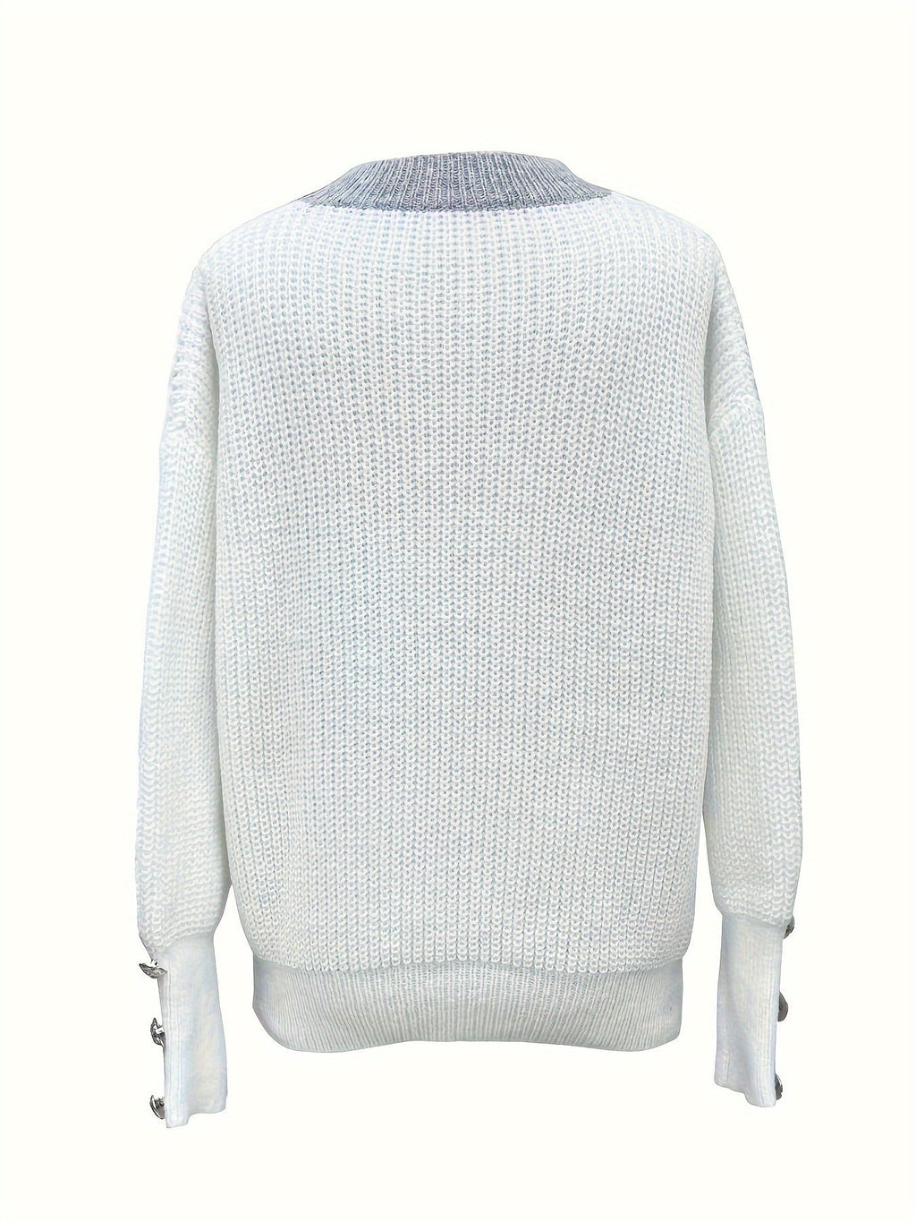 Women's V-Neck Button-Decorated Pullover Sweater – Casual Solid Color Knit Top for Fall Winter, Lightweight Polyester Stretch Pullover, Sizes S-XXL, White & Sea Blue