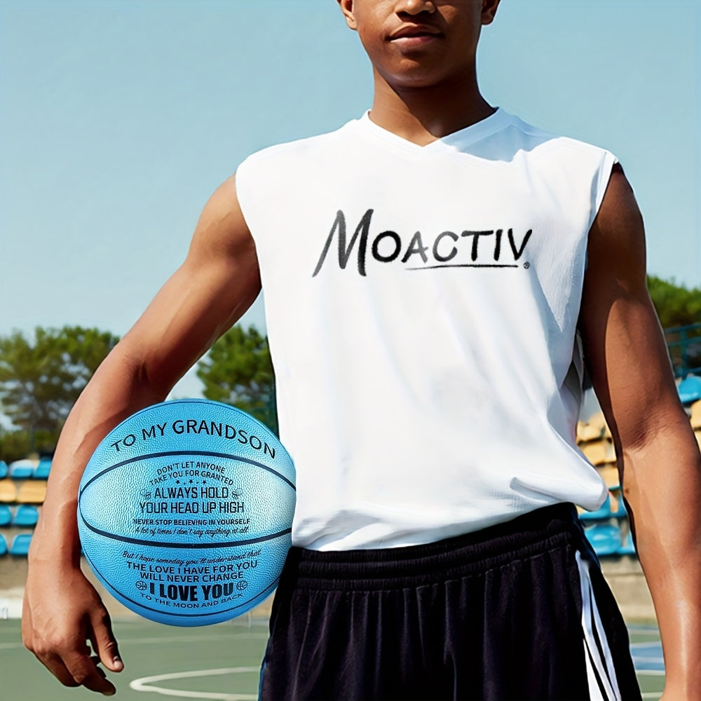 Engraved Basketball for Grandson & Son – Personalized Inspirational Size 7 Basketball with Pump, Motivational Gift for Birthday Christmas Anniversary, Blue Red Gold Black