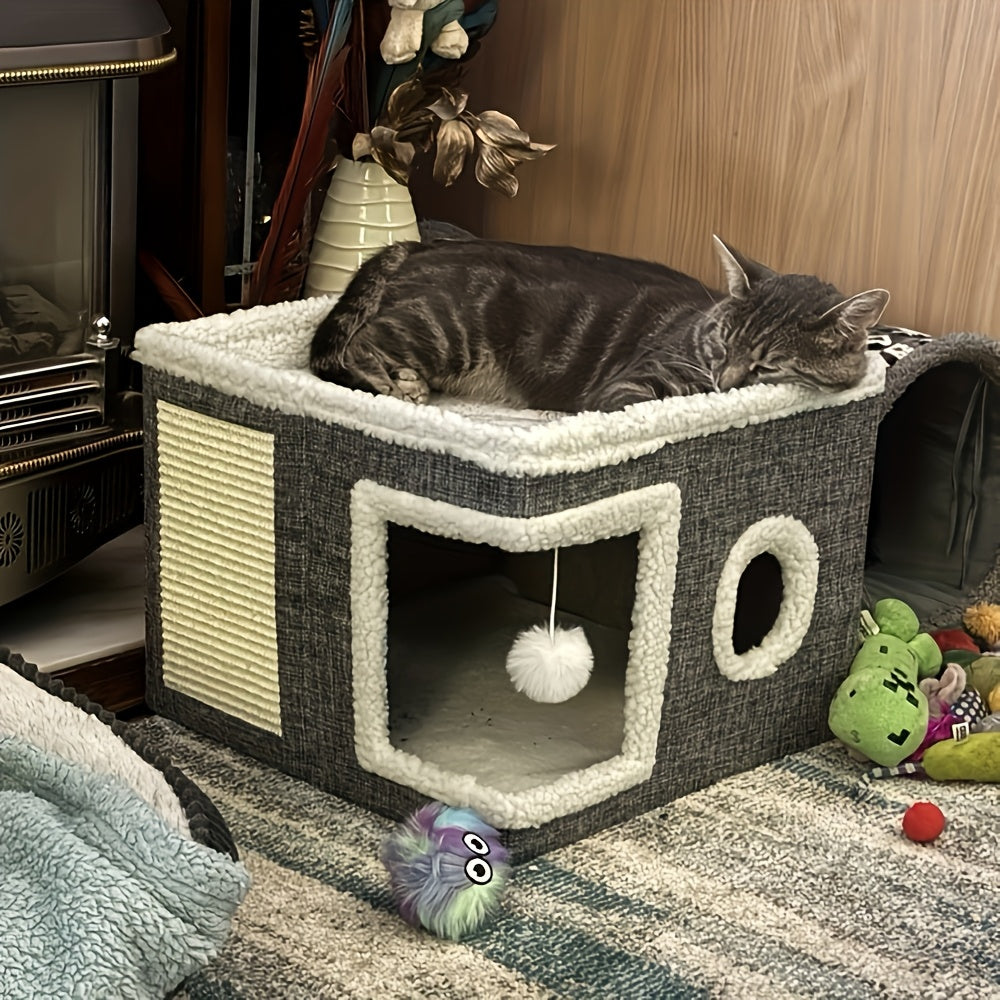 Luxury Multi-Level Cat House Indoor Outdoor 2-Layer Bed Toy Tunnel Foldable Sofa Cat Scratching Board Climbing Rope Soft Cushion Cat Play Cube Weatherproof Nylon Frame Cat Arch Stairs