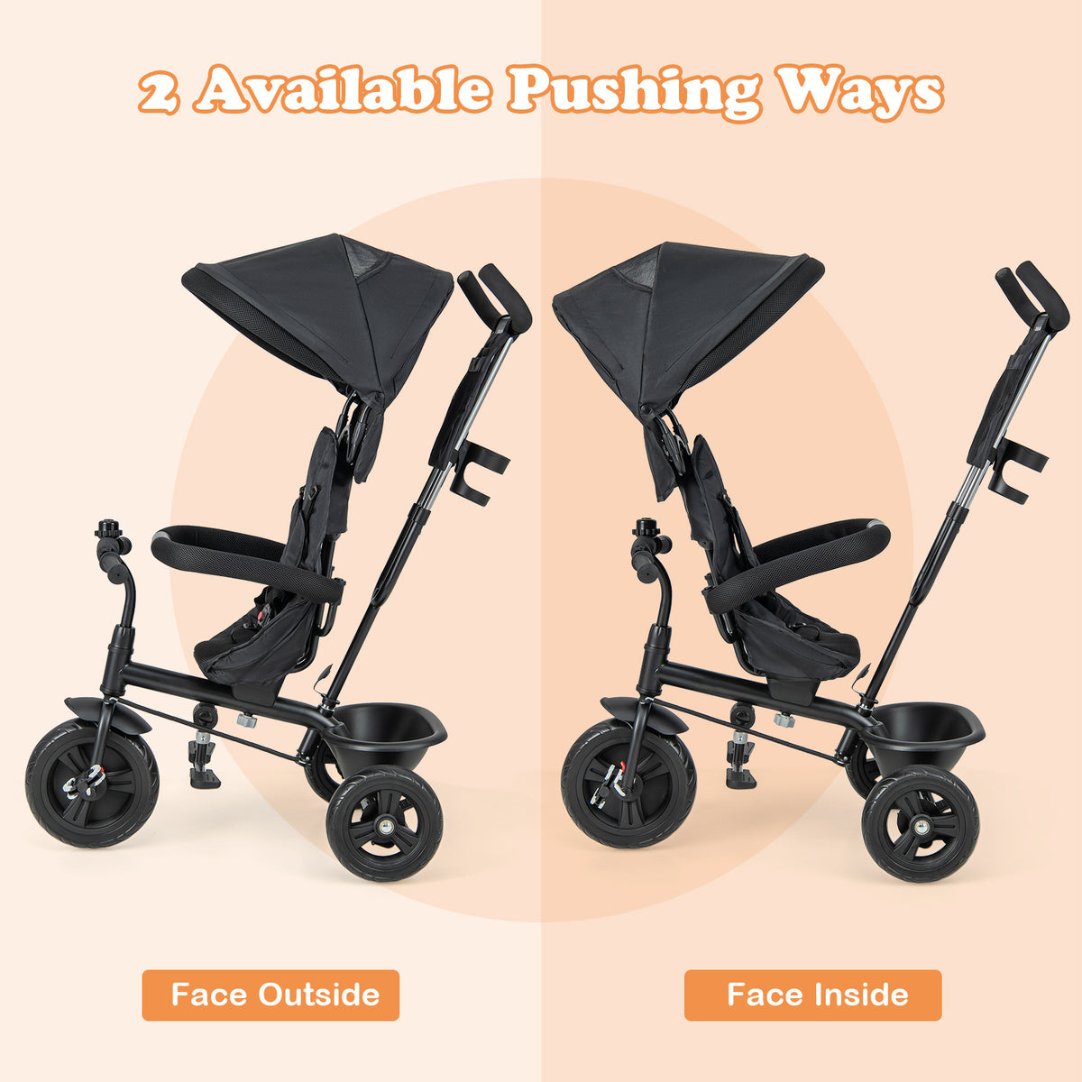 Foldable Tricycle Stroller, 4-in-1 Trike with Parent Push Handle, Removable Canopy, Reversible Seat, Safety Harness and Storage for Kids Age 10 Months to 5 Years Old, Black