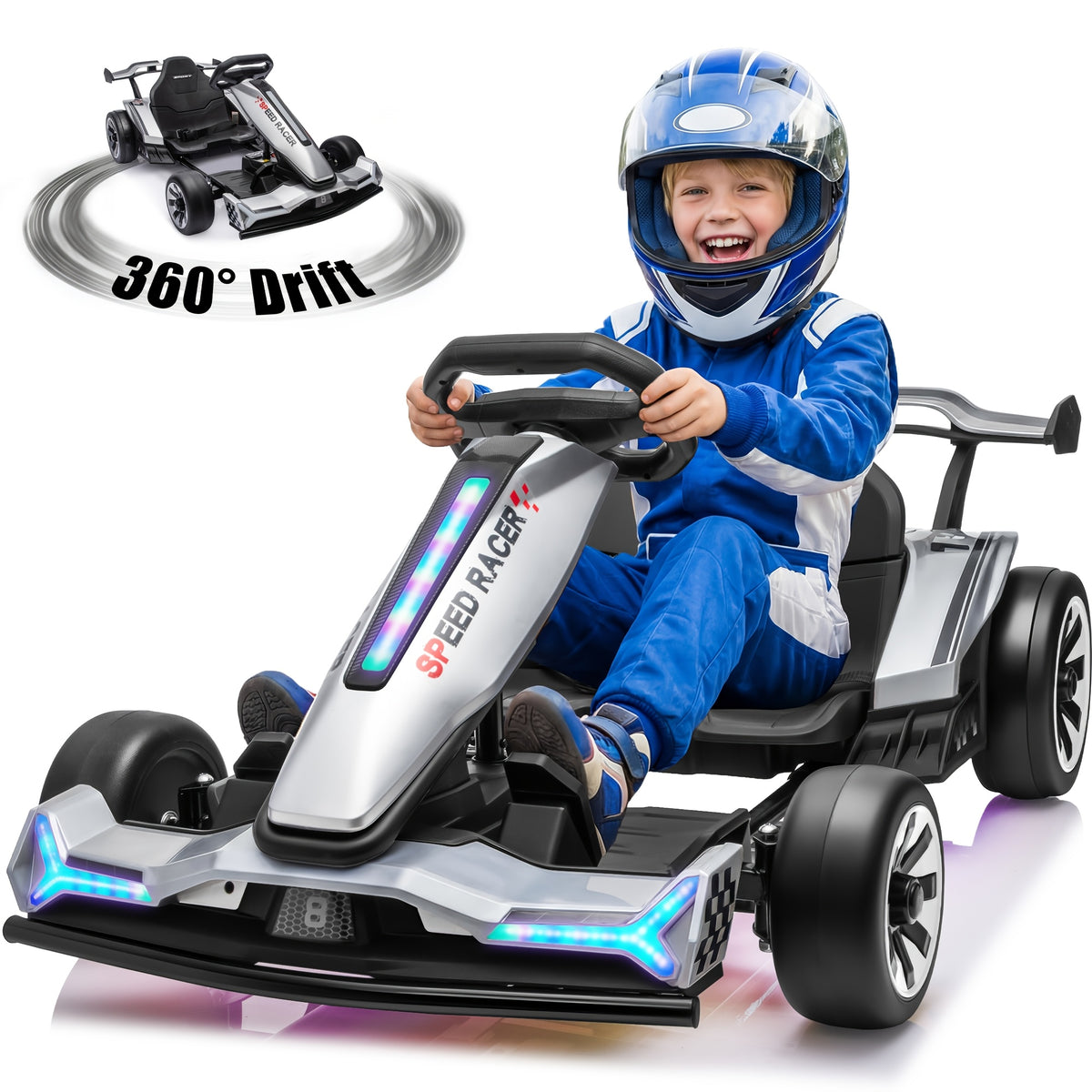24V Electric Kids Go-Kart Drift Cart, 360 Degree Drift Mode, High Speed Racing with Soft Start, Music, Safety Belt, Metal Frame, Dual Brake for Boys Girls Ages 6 and Up, Birthday Christmas Gift, Black White Red Orange Silver