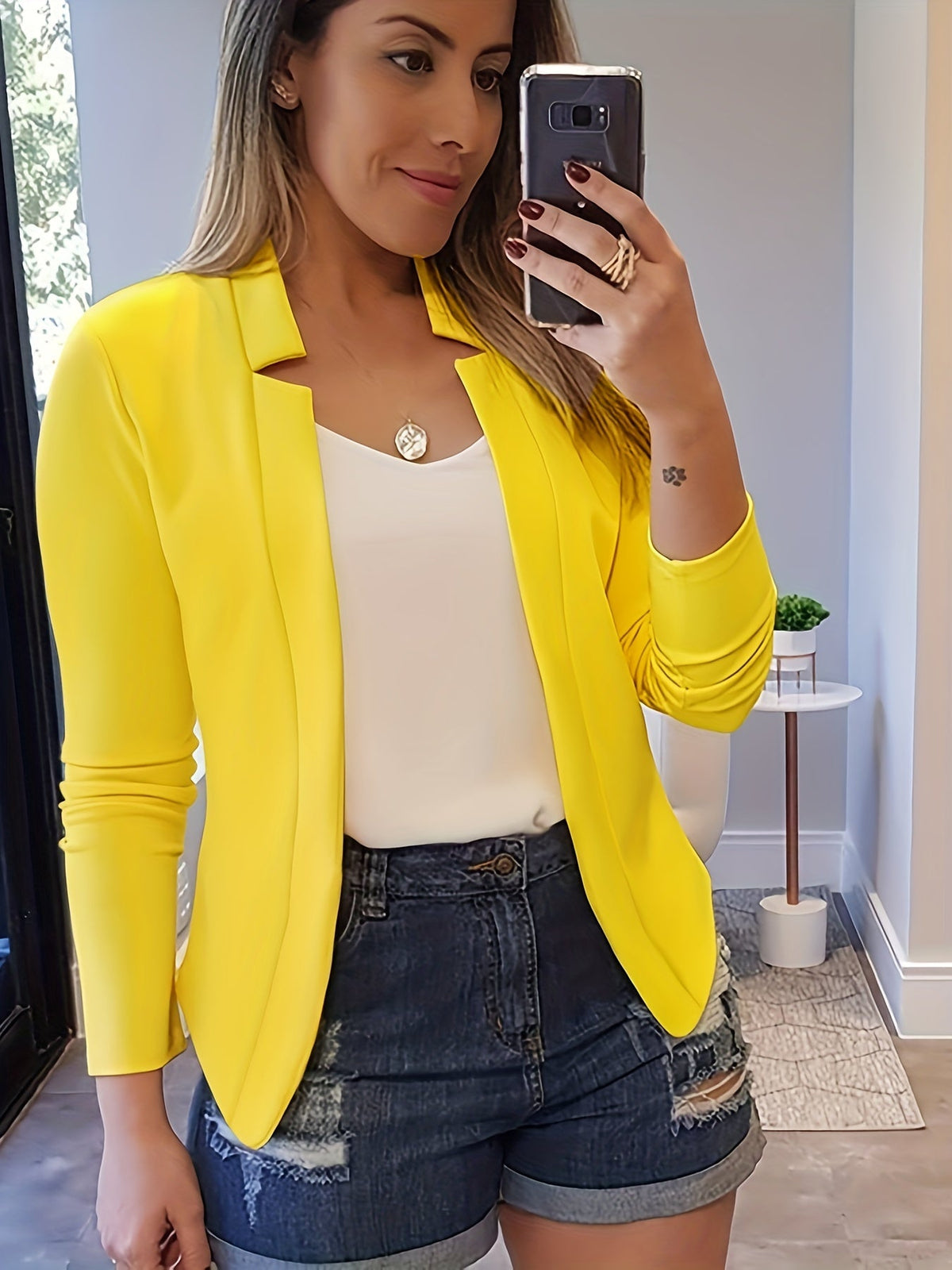 Women's Open Front Blazer Jacket – Loose Fit Notch Lapel Long Sleeve Knit Stretch Casual Chic Blazer with Chest Pocket for Work Office