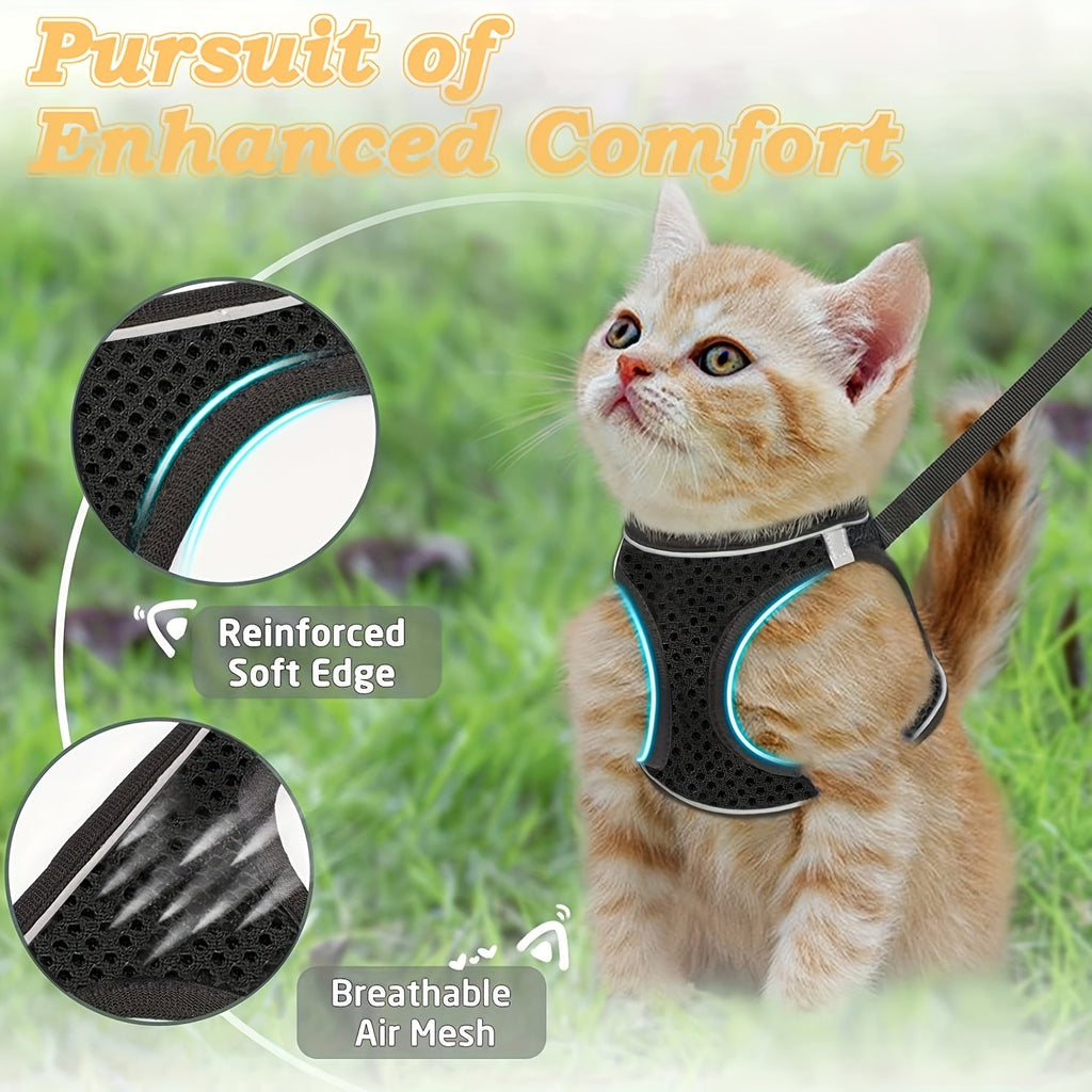 Escape-Proof Cat Harness and Leash Set for Kittens - Reflective Soft Mesh Vest Harness for Safe Outdoor Walks, Adjustable Breathable Cat Walking Jacket, Black & Pink, Size S