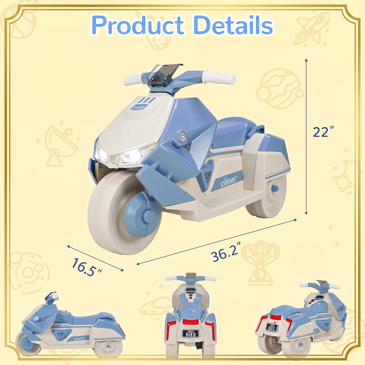 6V Battery Powered Kids Ride On Motorcycle Toy for Boys Girls Ages 3-6 with LED Lights Interstellar Music Realistic Engine Sounds All-Terrain Tires USB MP3 Support Pink Blue Green Birthday Gift