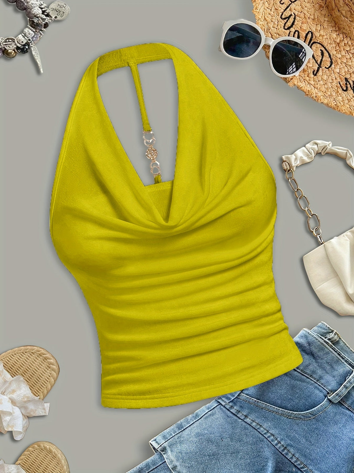 Women's Halter Neck Tank Top Sexy Backless Sleeveless Summer Beach Blouse Solid Color Knit Outerwear Shirt for Going Out - White Khaki Burgundy Pink