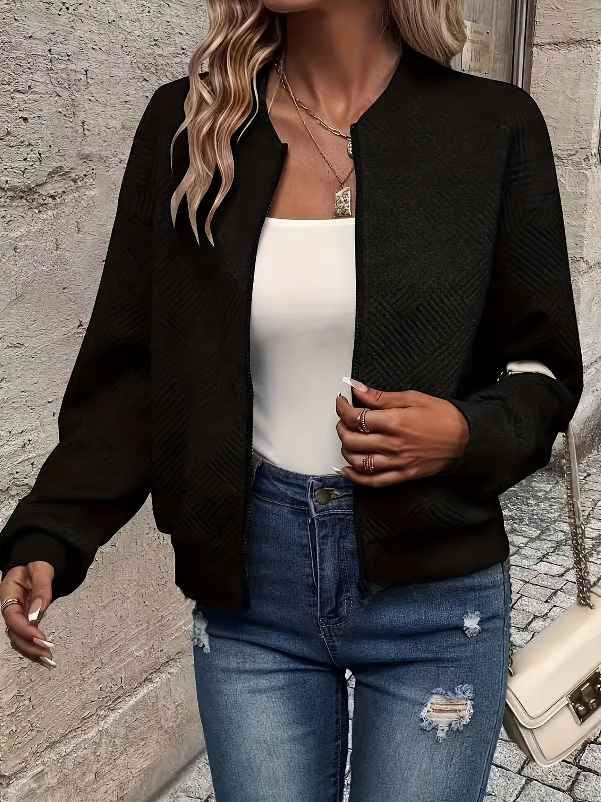 Women's Baseball Collar Zipper Jacket - Solid Color Casual Outerwear | Rib-Knit Polyester Lined Sporty Coat Fall Spring Fashion New Arrival