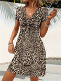 Women's Leopard Print V-Neck Fit & Flare Twist Dress - Knit Polyester Stretch Midi Dress Blue S M L XL XXL Casual Party Date Night Fashion